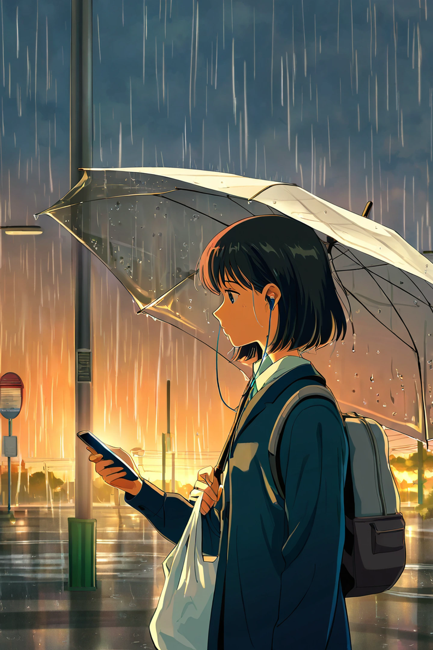 rainy bus stop lofi wallpaper