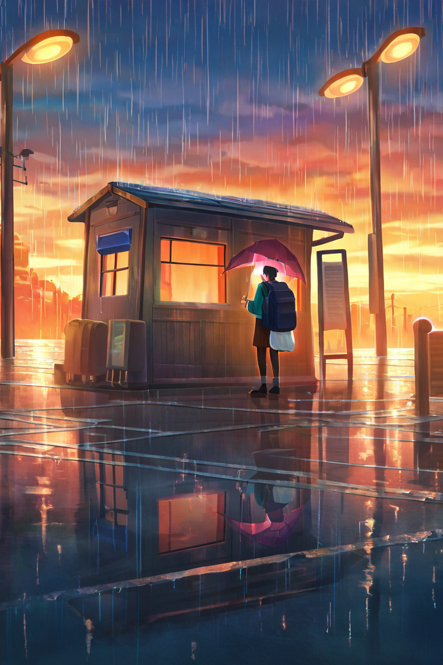 rainy bus stop lofi wallpaper