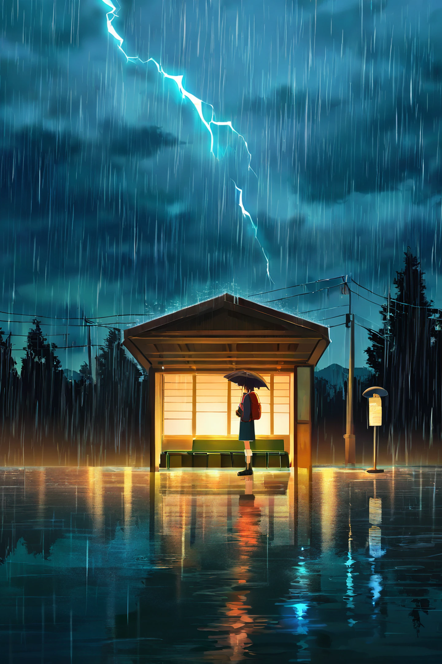rainy bus stop lofi wallpaper