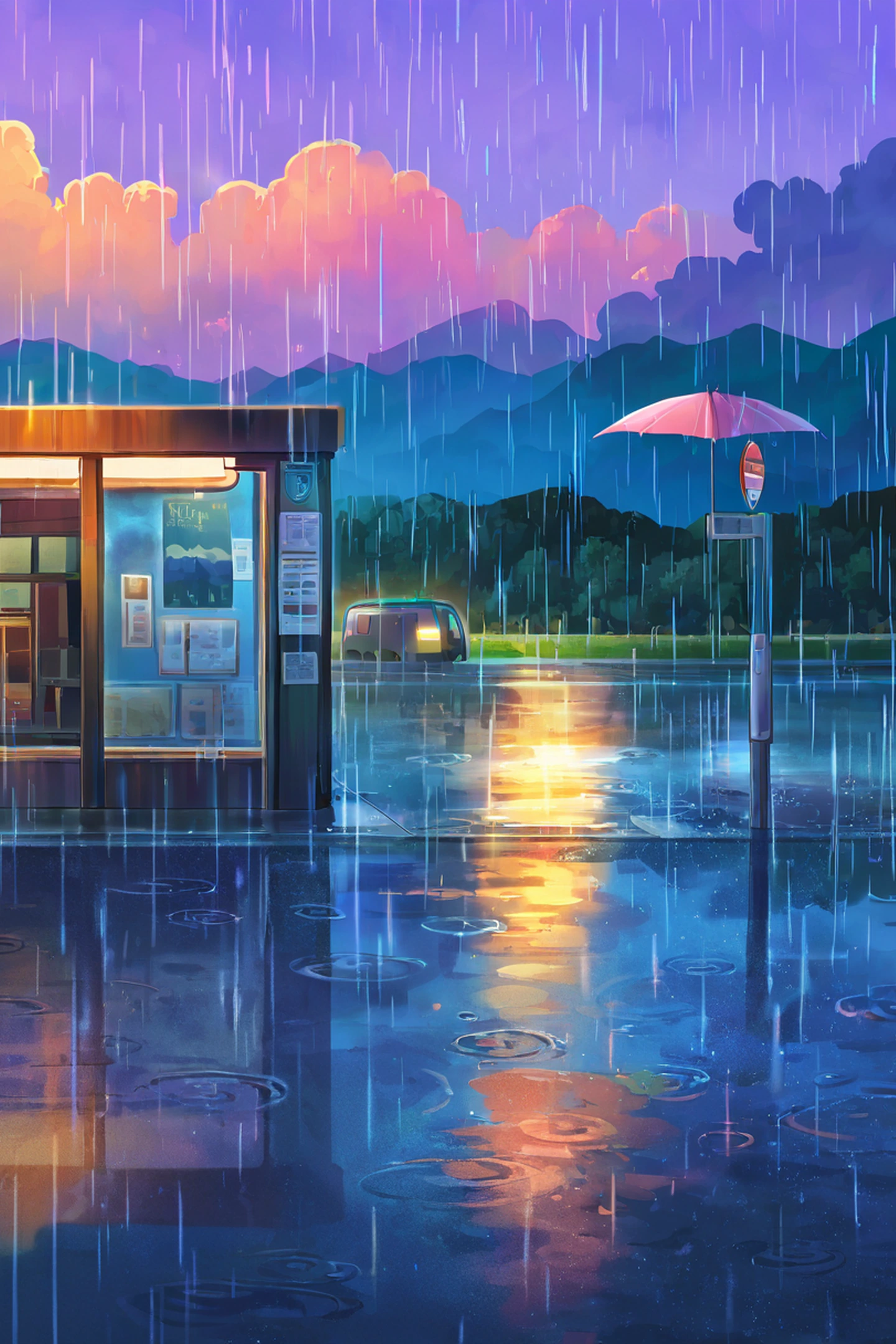 rainy bus stop lofi wallpaper