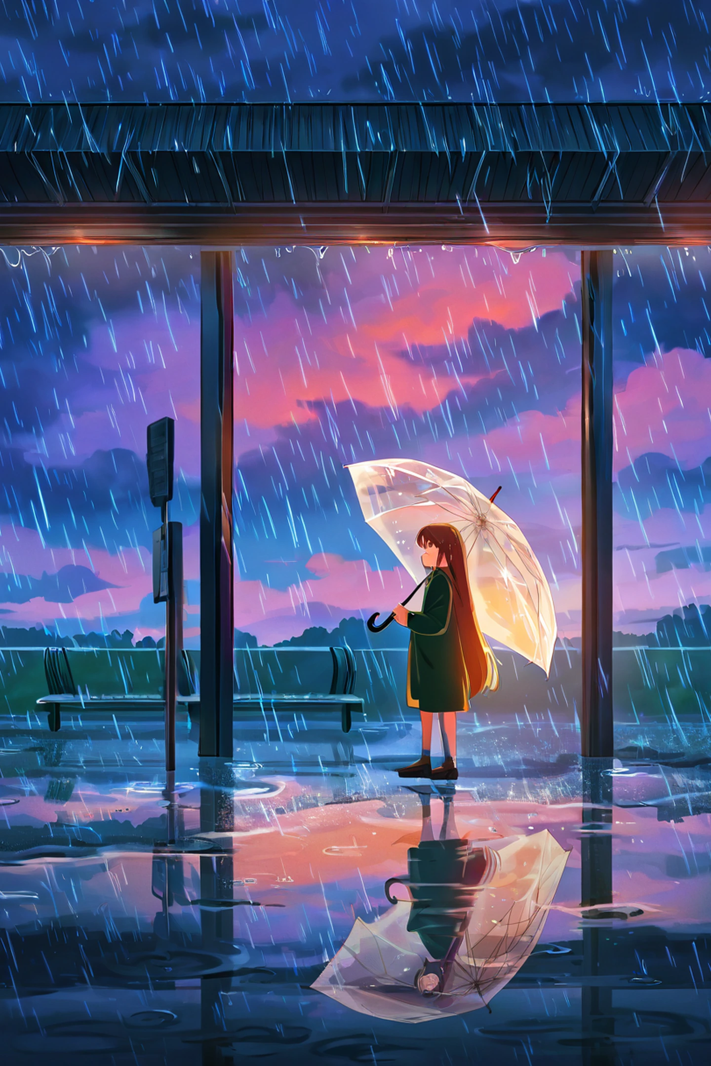 Rainy Bus Stop lofi wallpaper