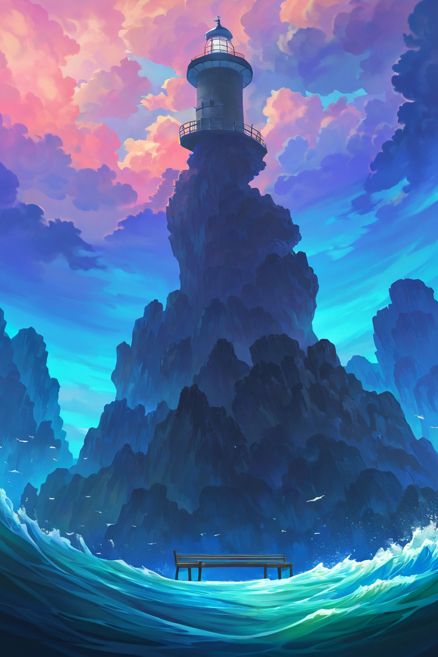 seaside lighthouse lofi wallpaper