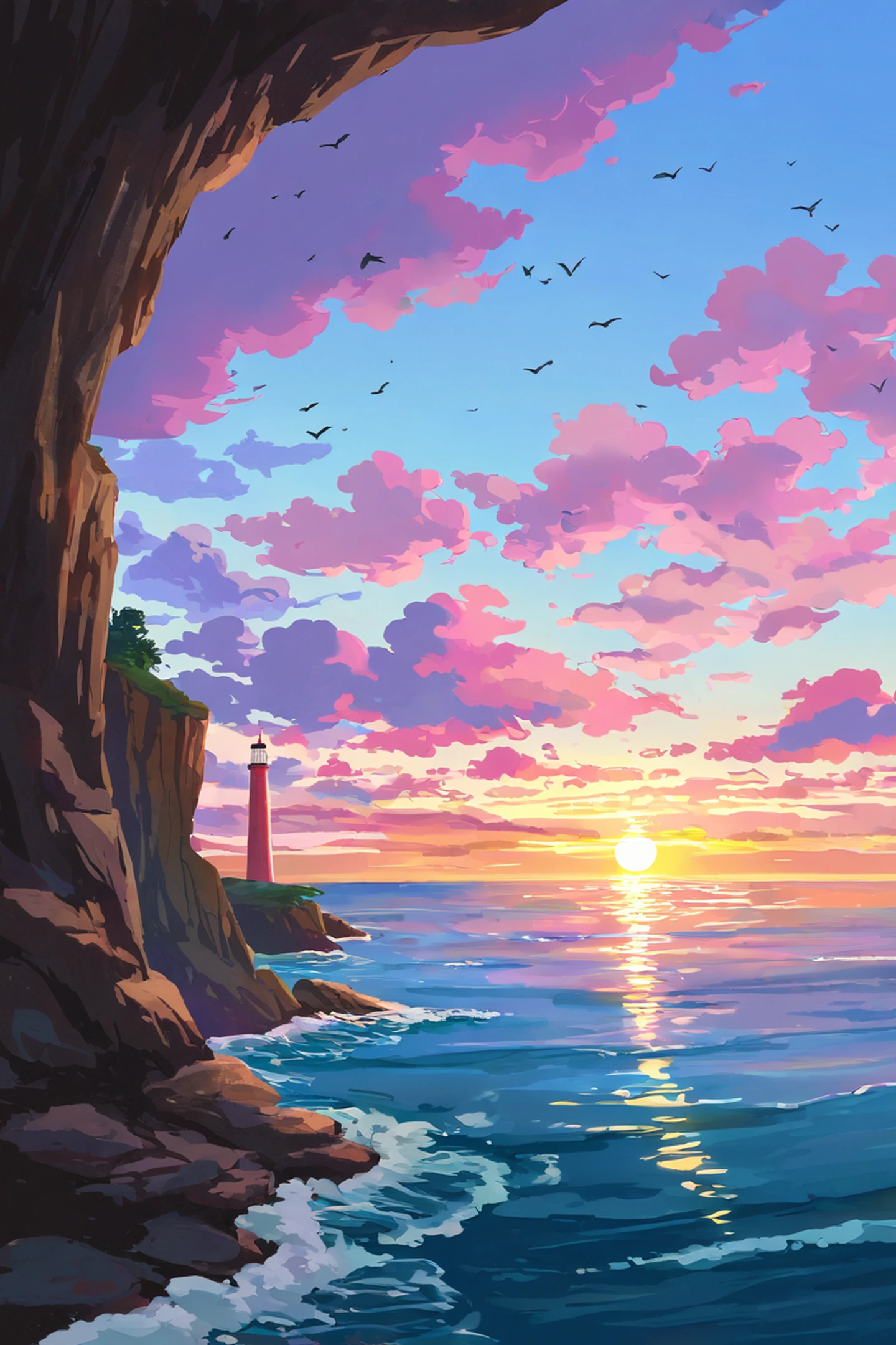 seaside lighthouse lofi wallpaper