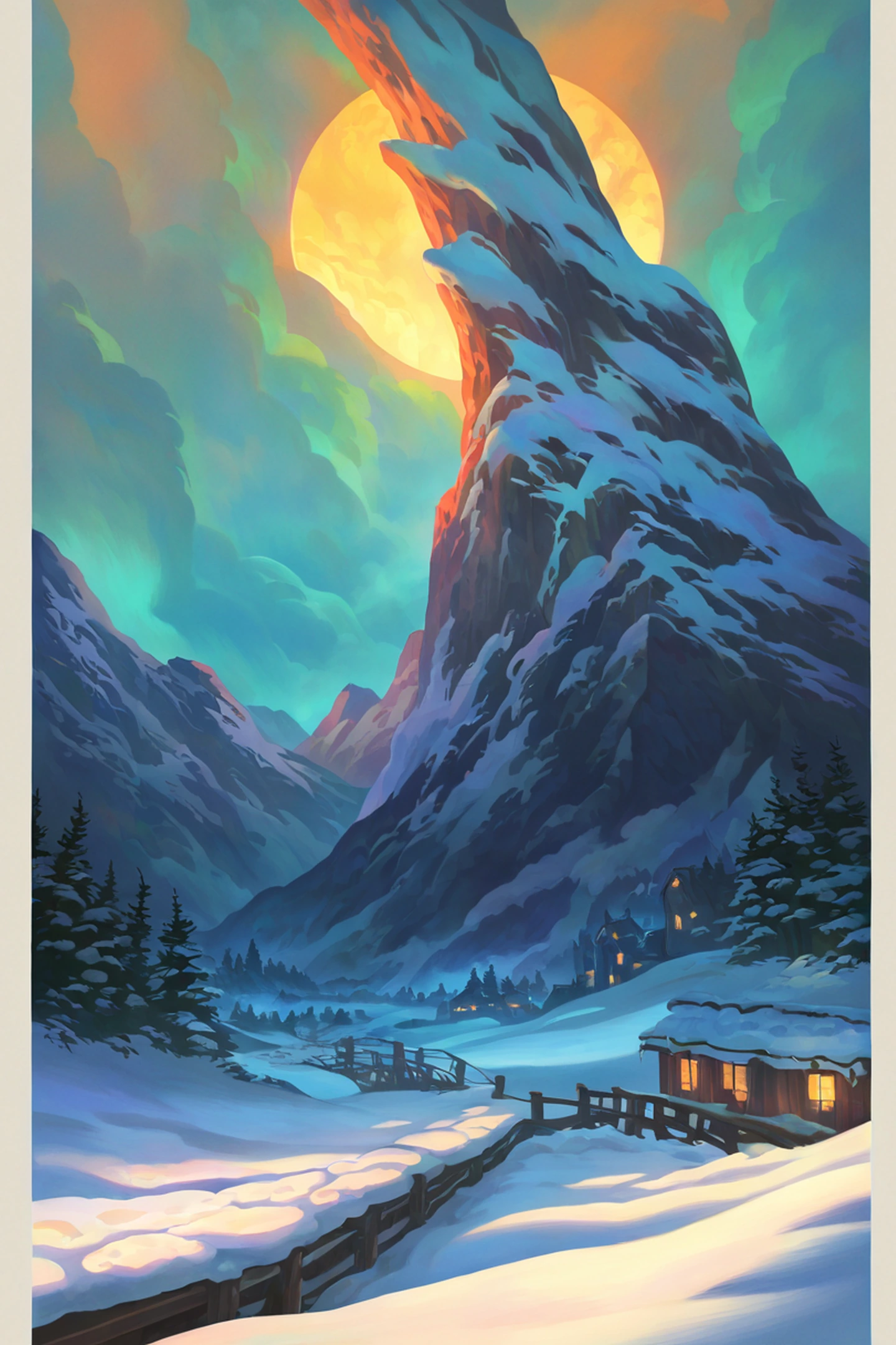 Snowy Mountain Village lofi wallpaper