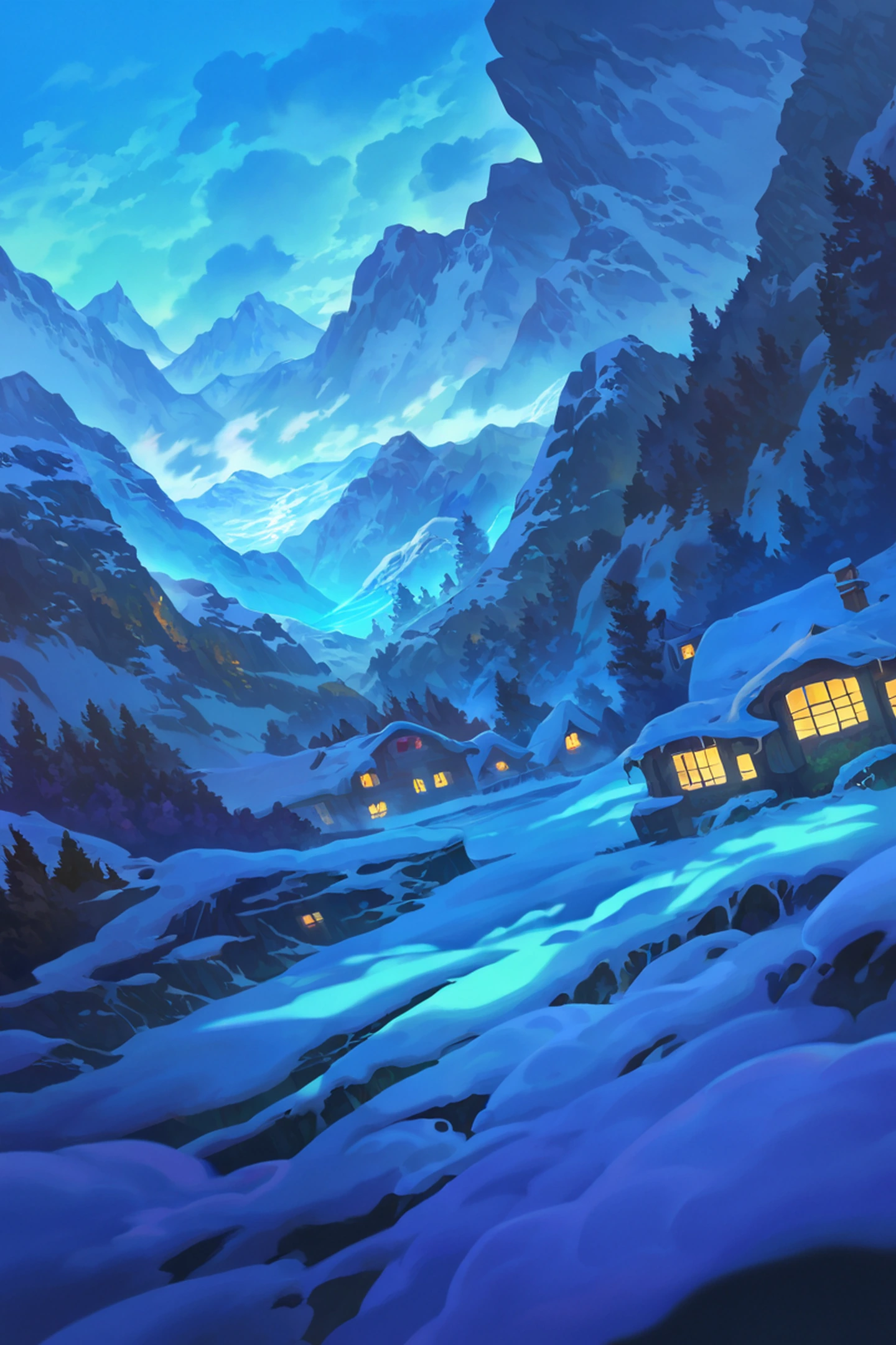 Snowy Mountain Village lofi wallpaper