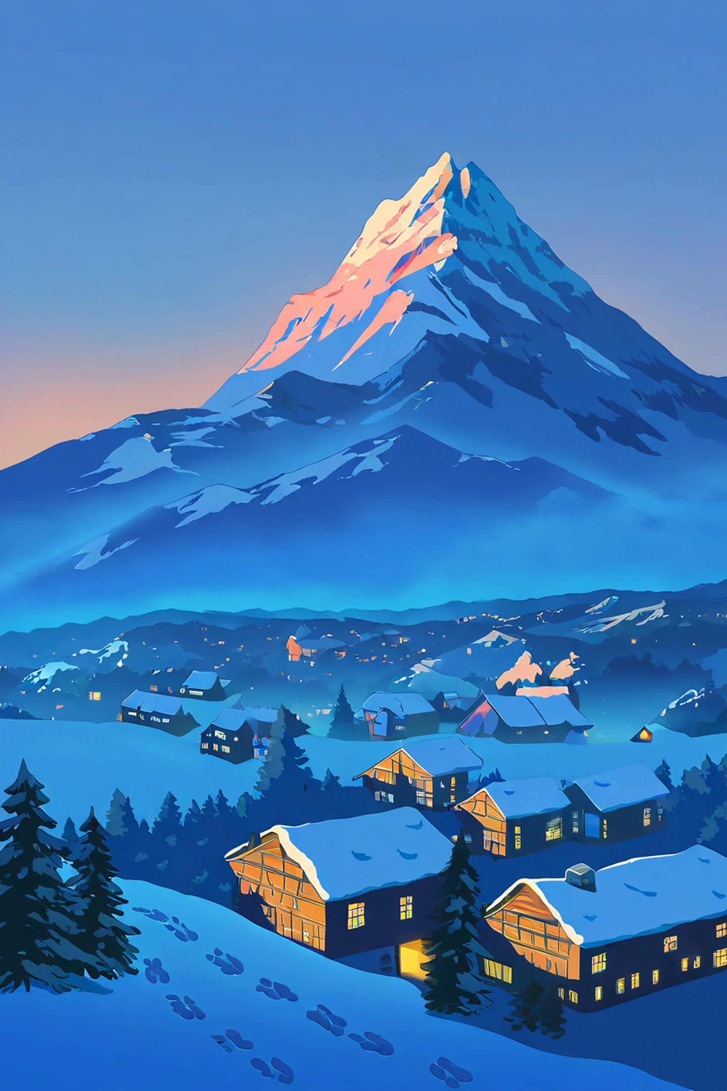 Snowy Mountain Village lofi wallpaper