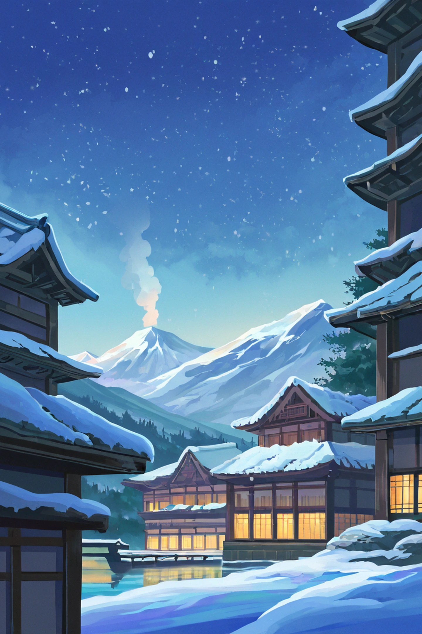 Snowy Mountain Village lofi wallpaper