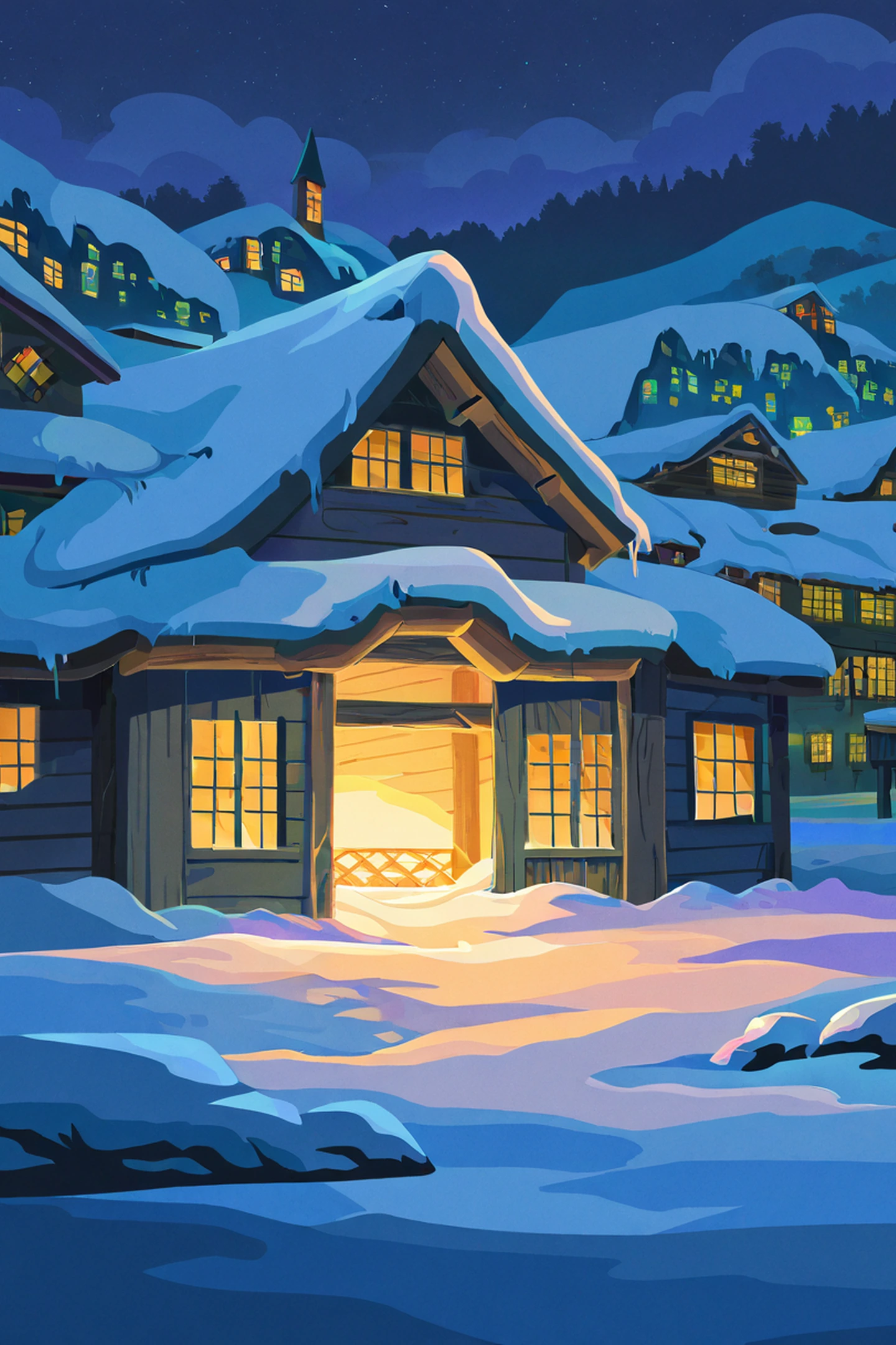 Snowy Mountain Village lofi wallpaper