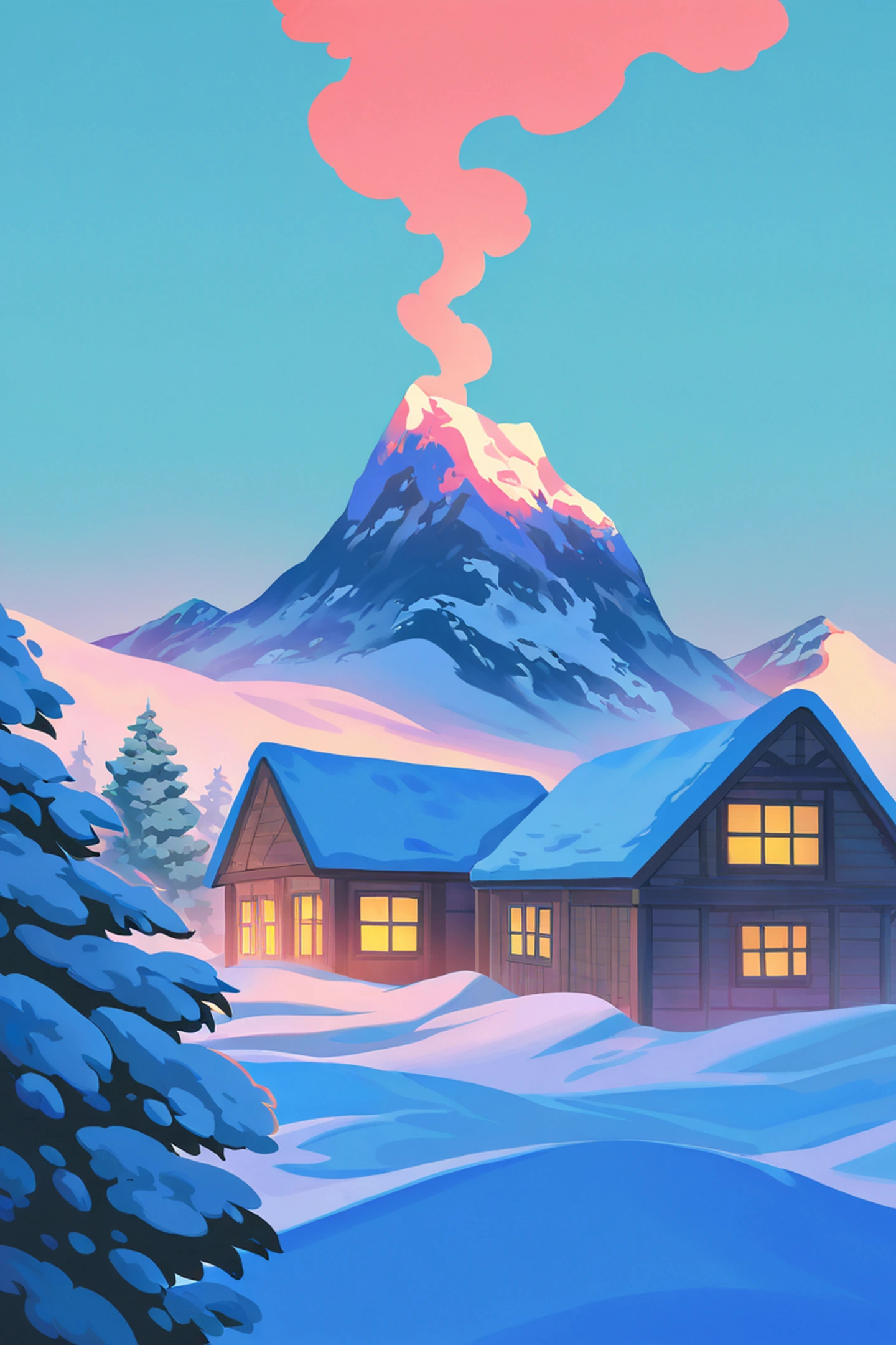 Snowy Mountain Village lofi wallpaper
