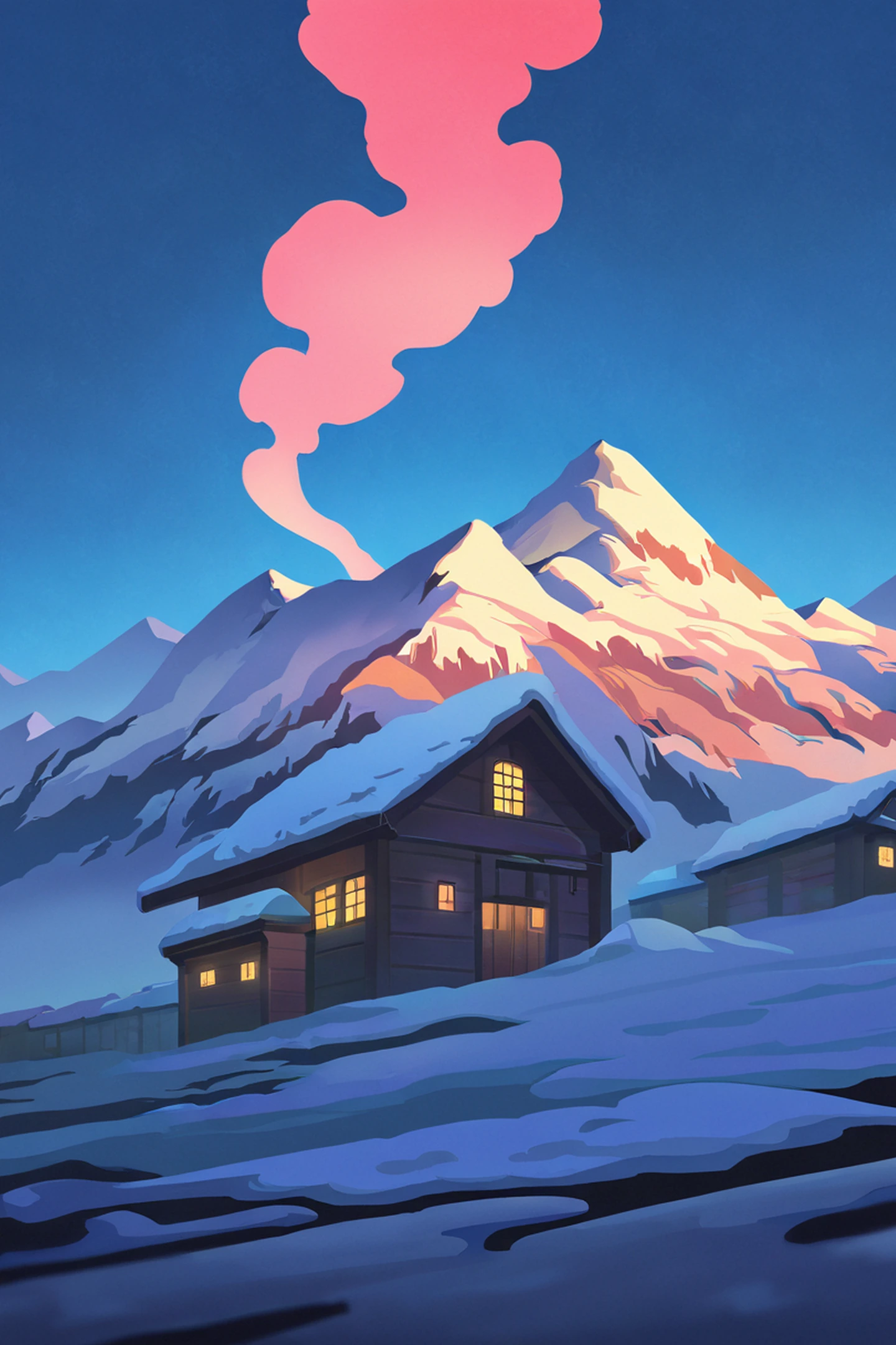 Snowy Mountain Village lofi wallpaper