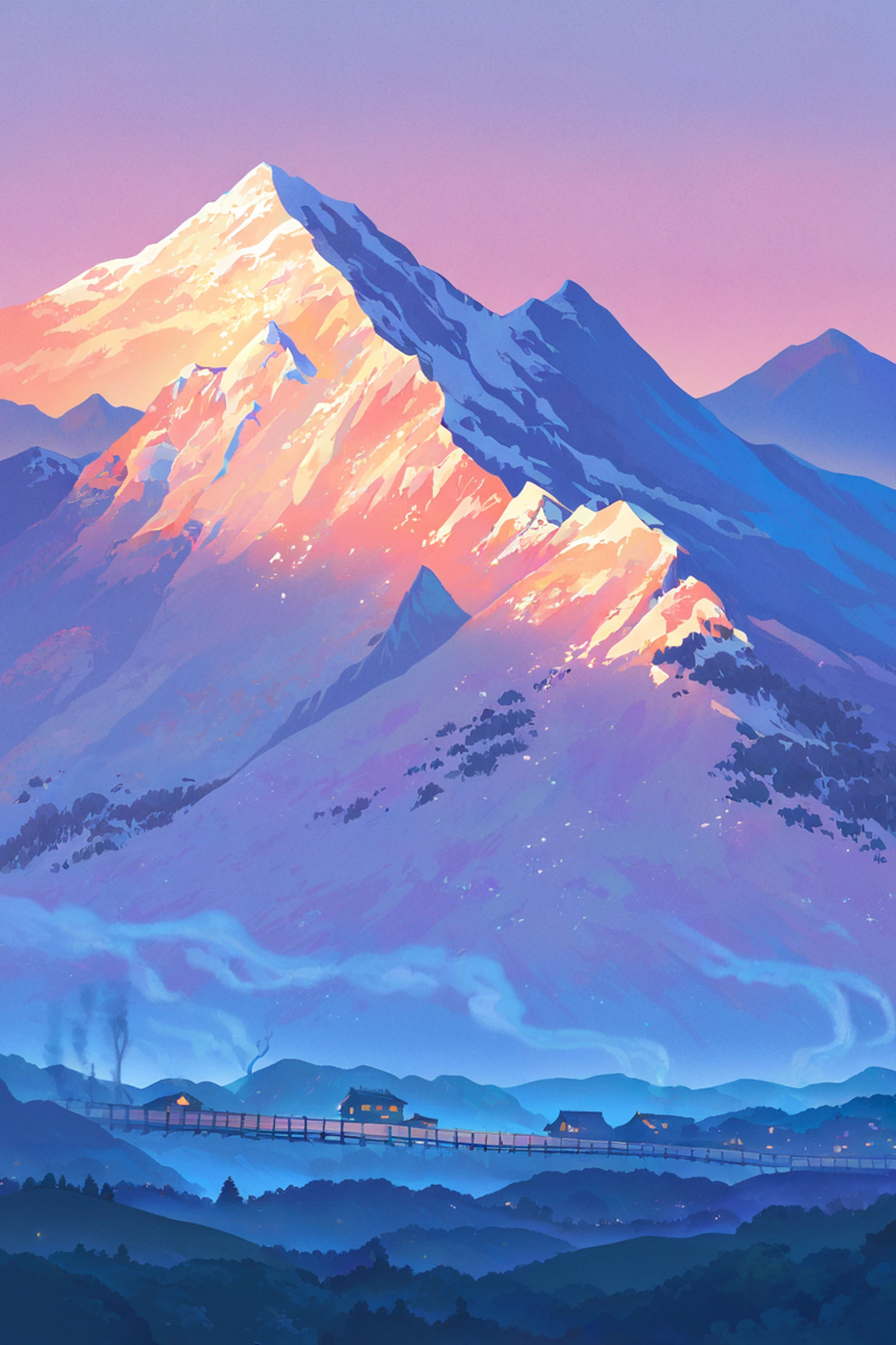 Snowy Mountain Village lofi wallpaper