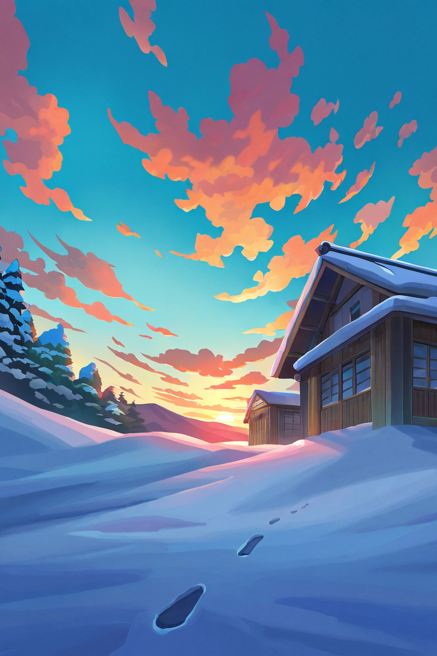 Snowy Mountain Village lofi wallpaper