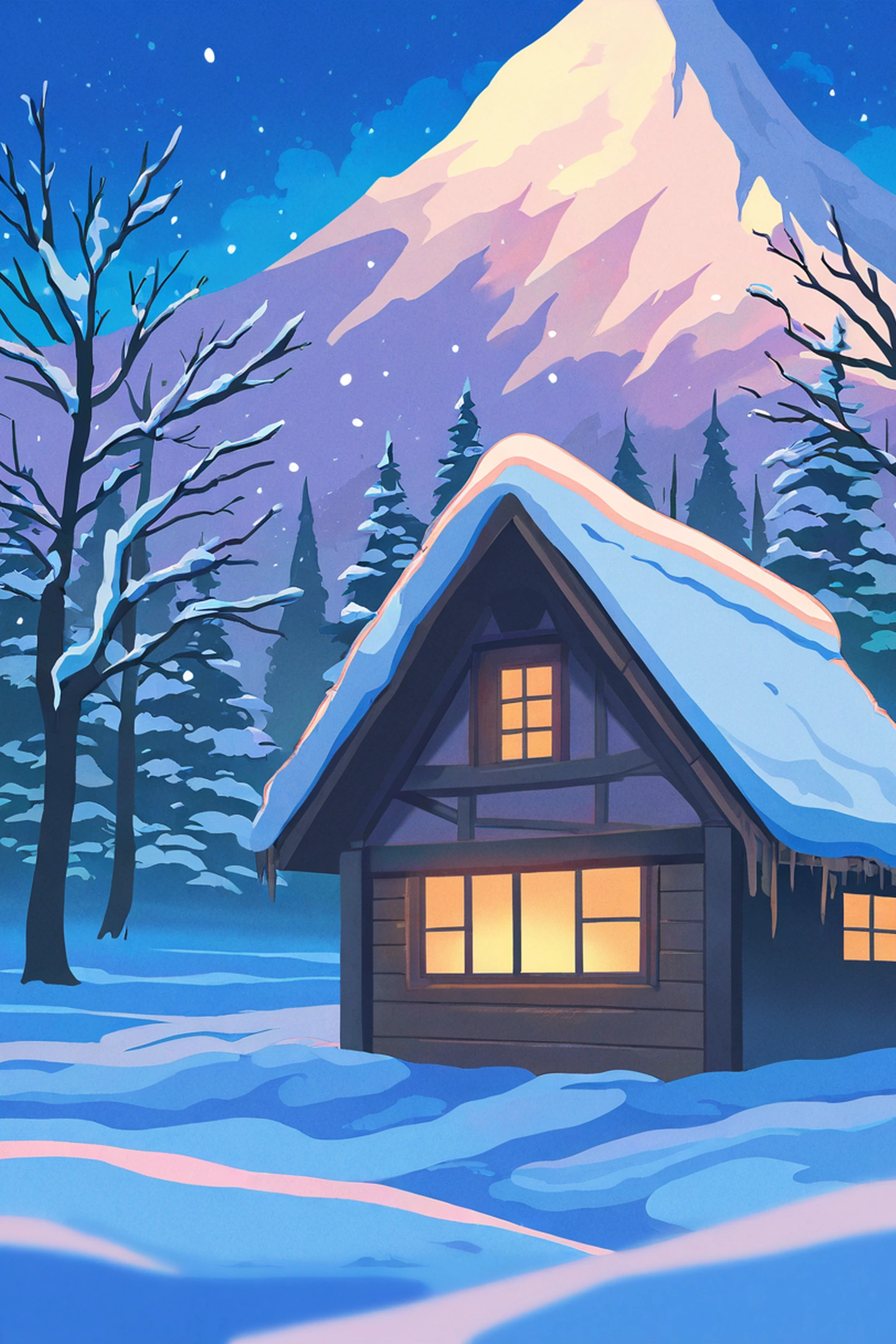 Snowy Mountain Village lofi wallpaper