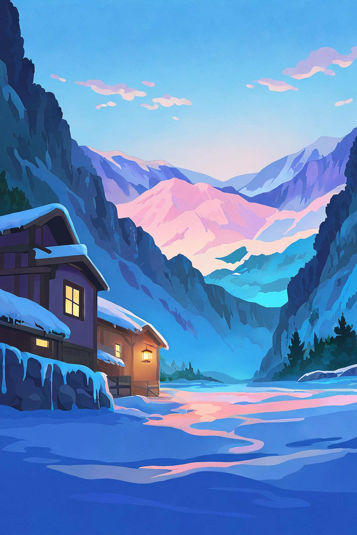 Snowy Mountain Village lofi wallpaper