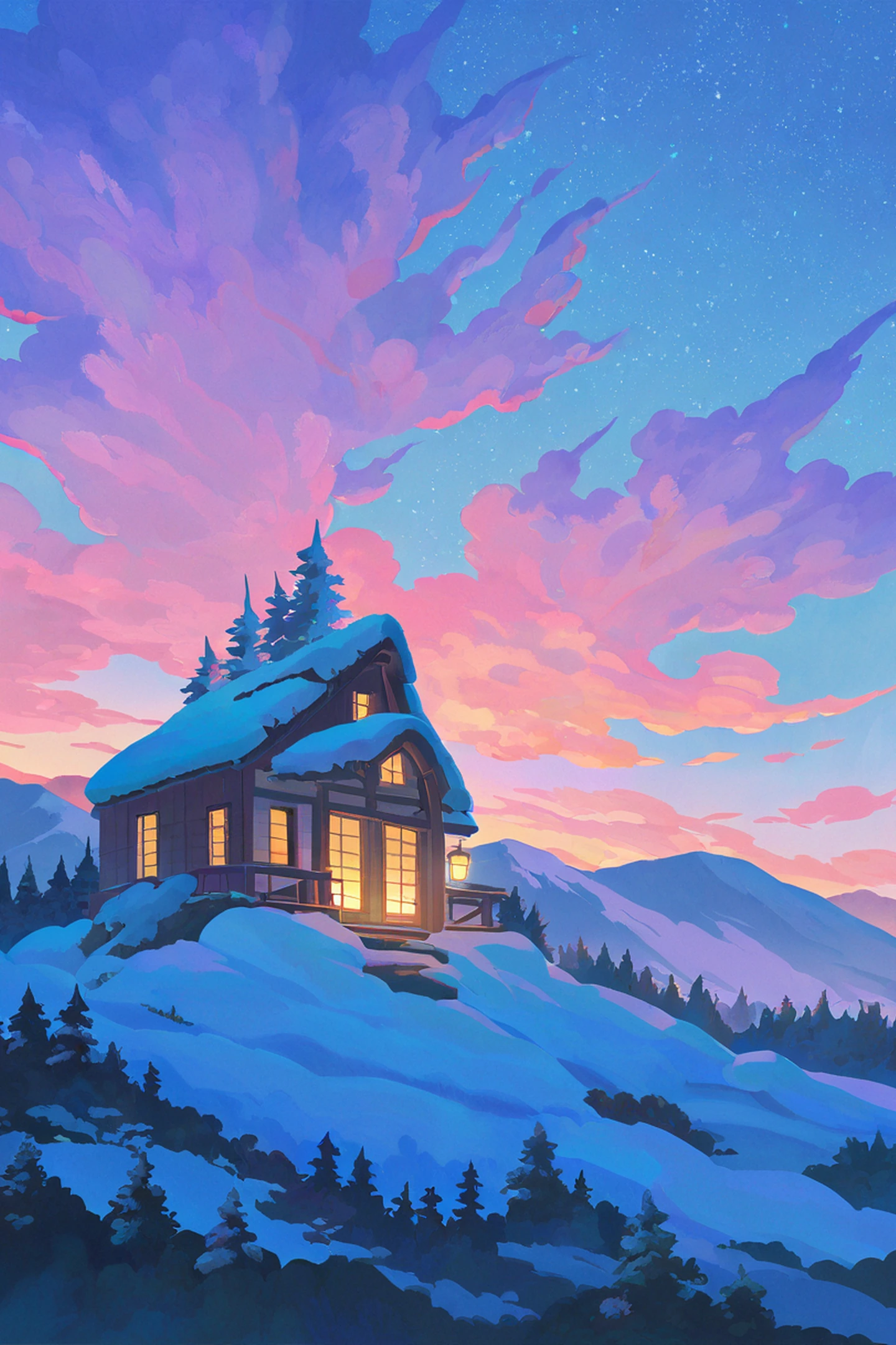 Snowy Mountain Village lofi wallpaper