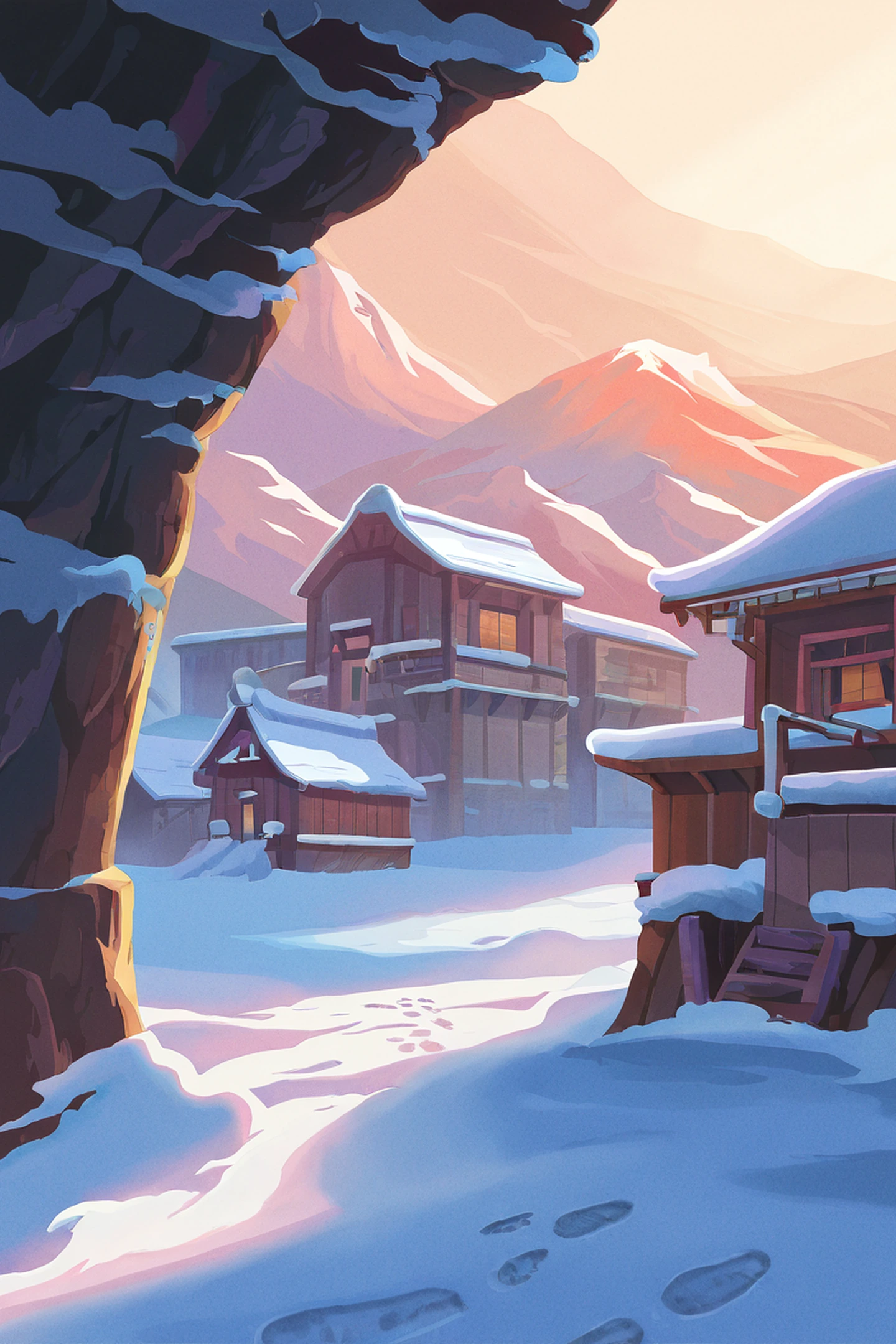 Snowy Mountain Village lofi wallpaper