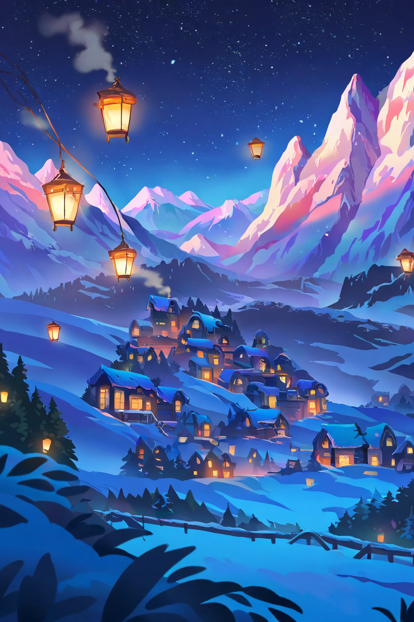 Snowy Mountain Village lofi wallpaper