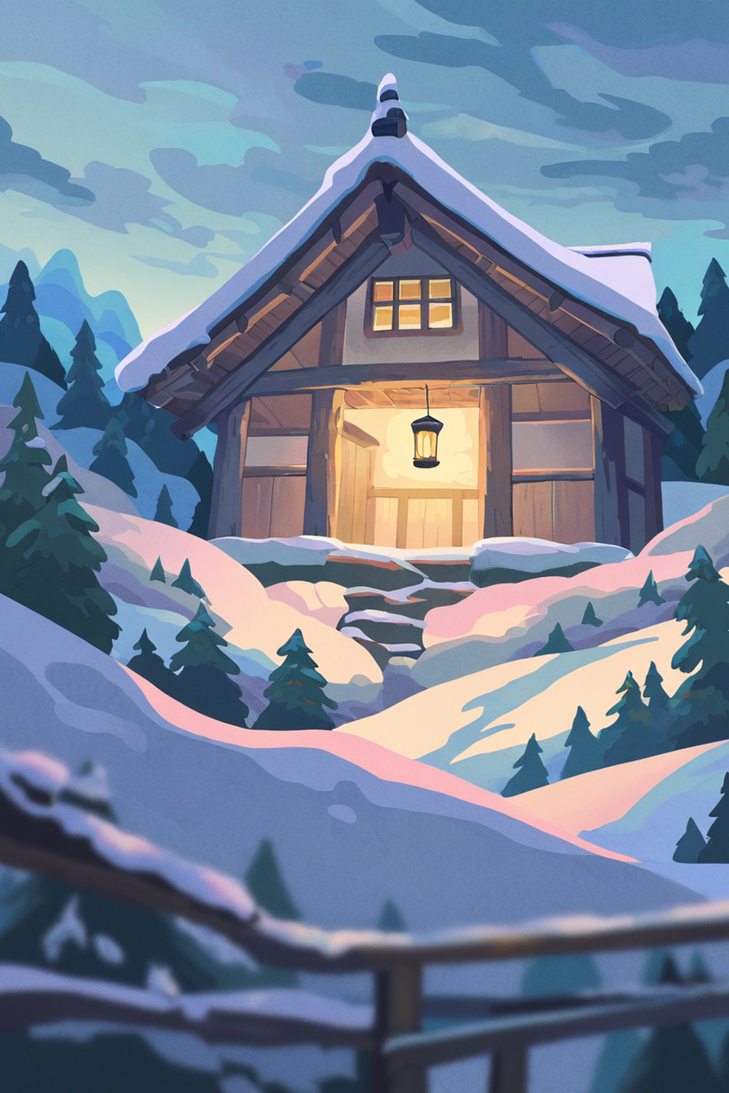 Snowy Mountain Village lofi wallpaper