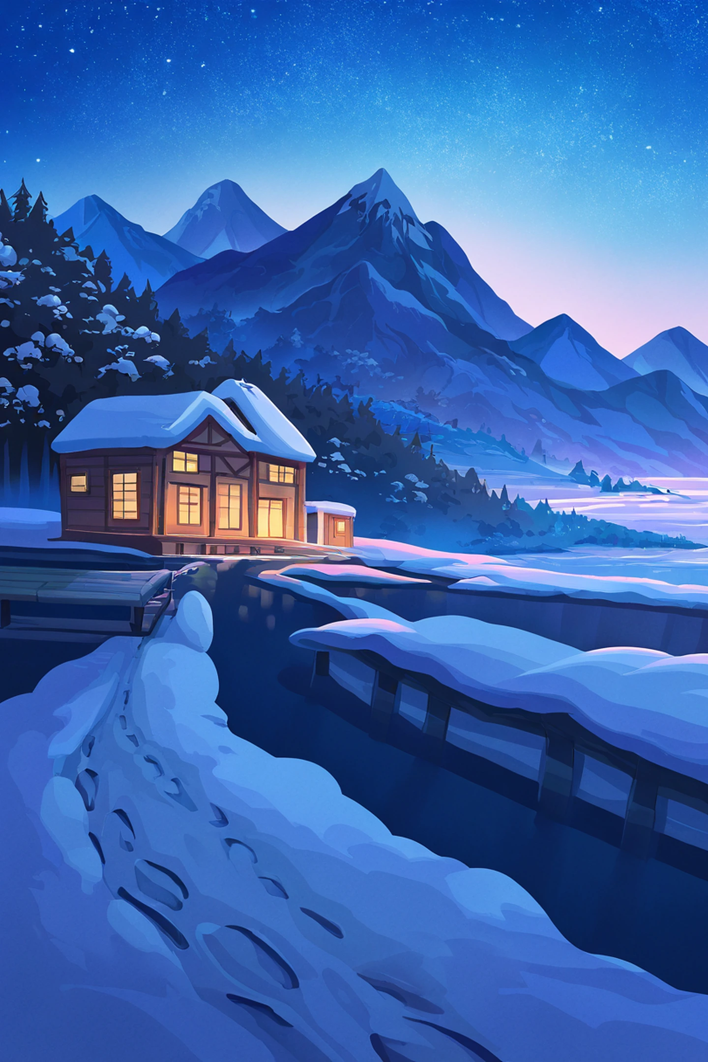 Snowy Mountain Village lofi wallpaper