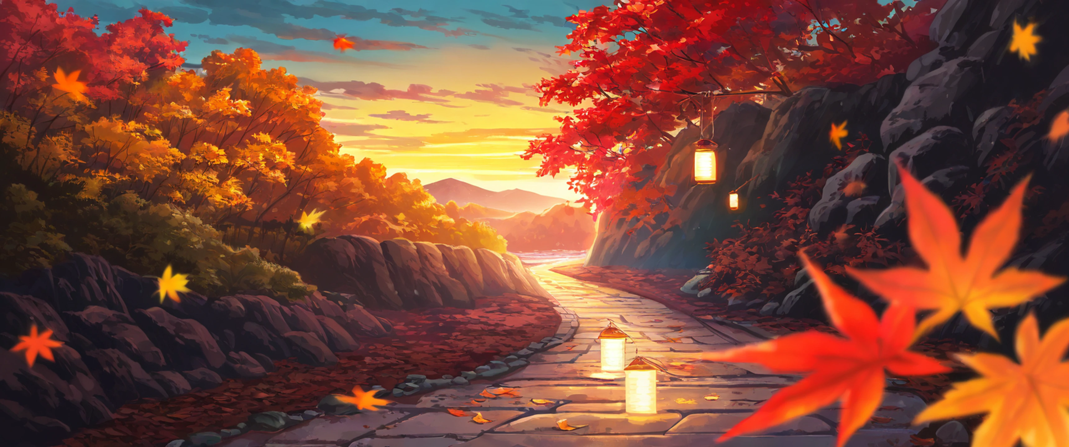 Autumn Maple Village lofi wallpaper