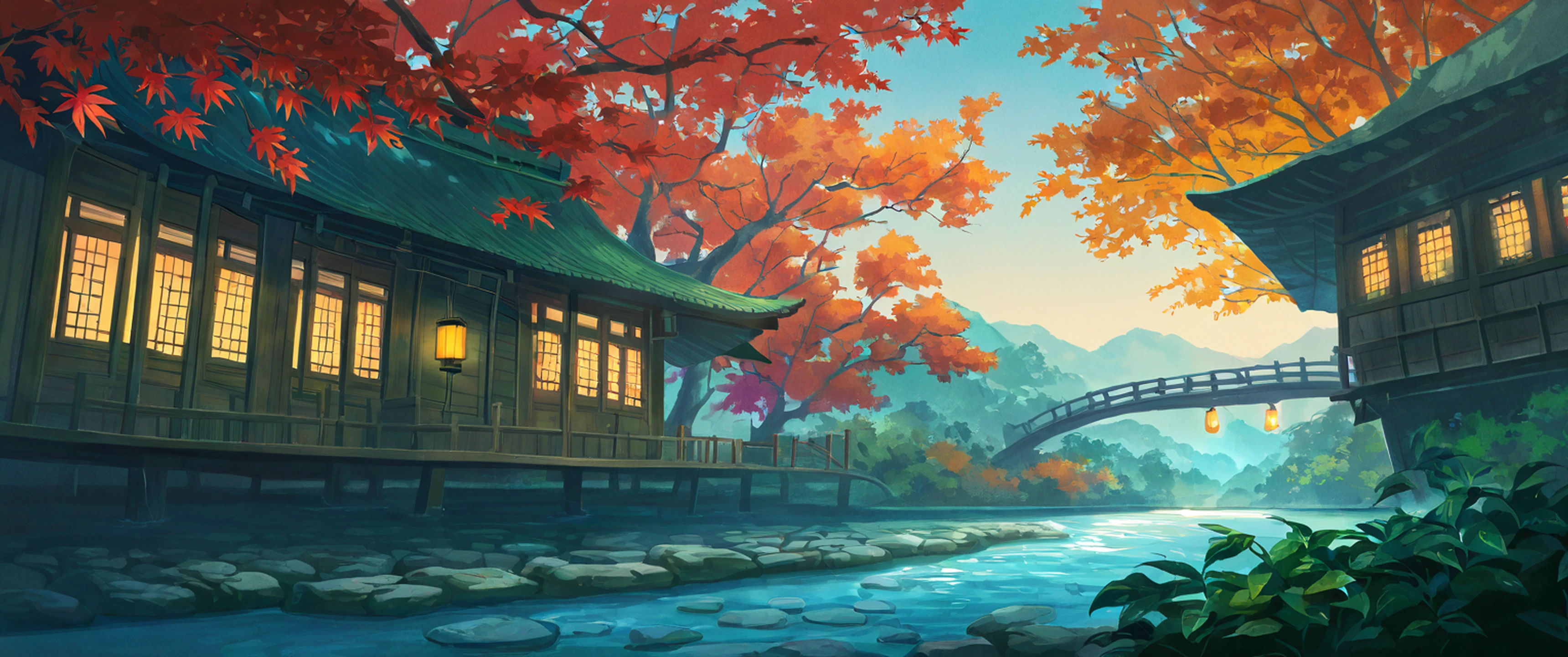 Autumn Maple Village lofi wallpaper