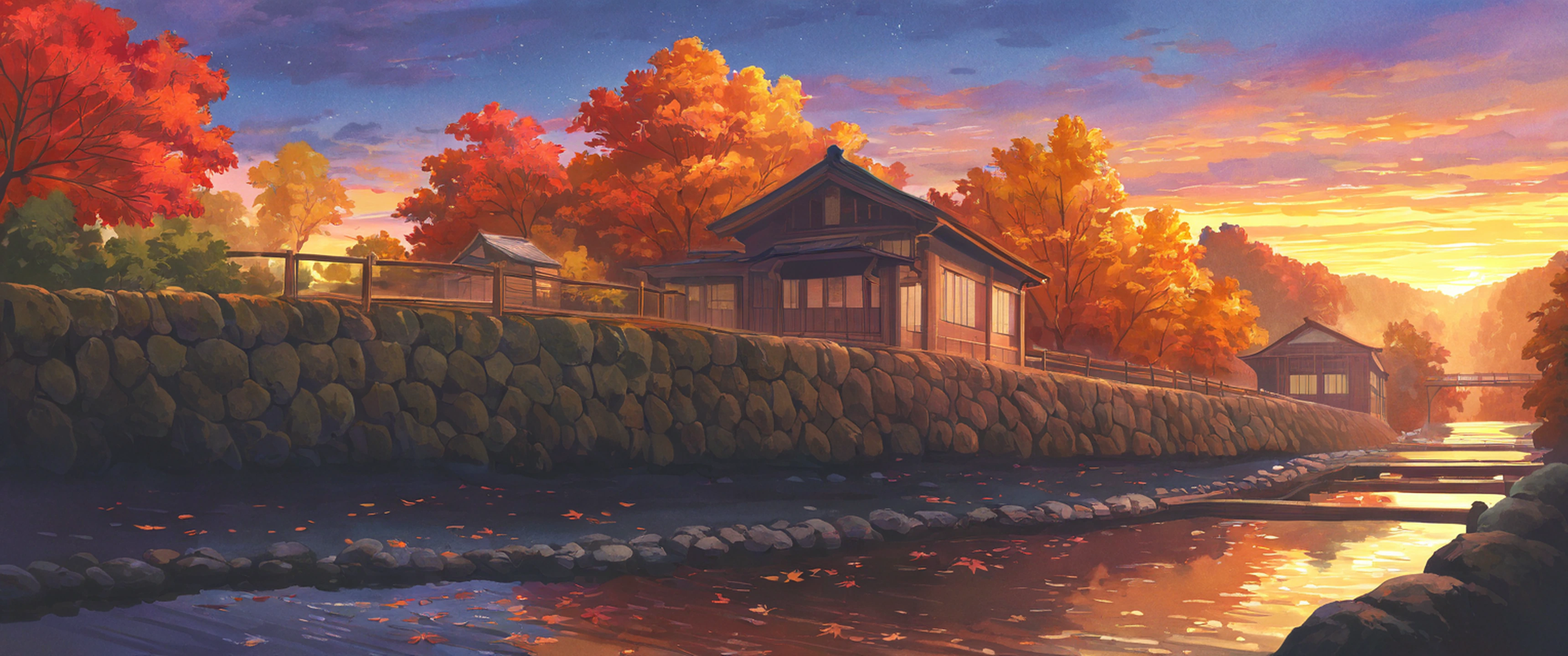 Autumn Maple Village lofi wallpaper