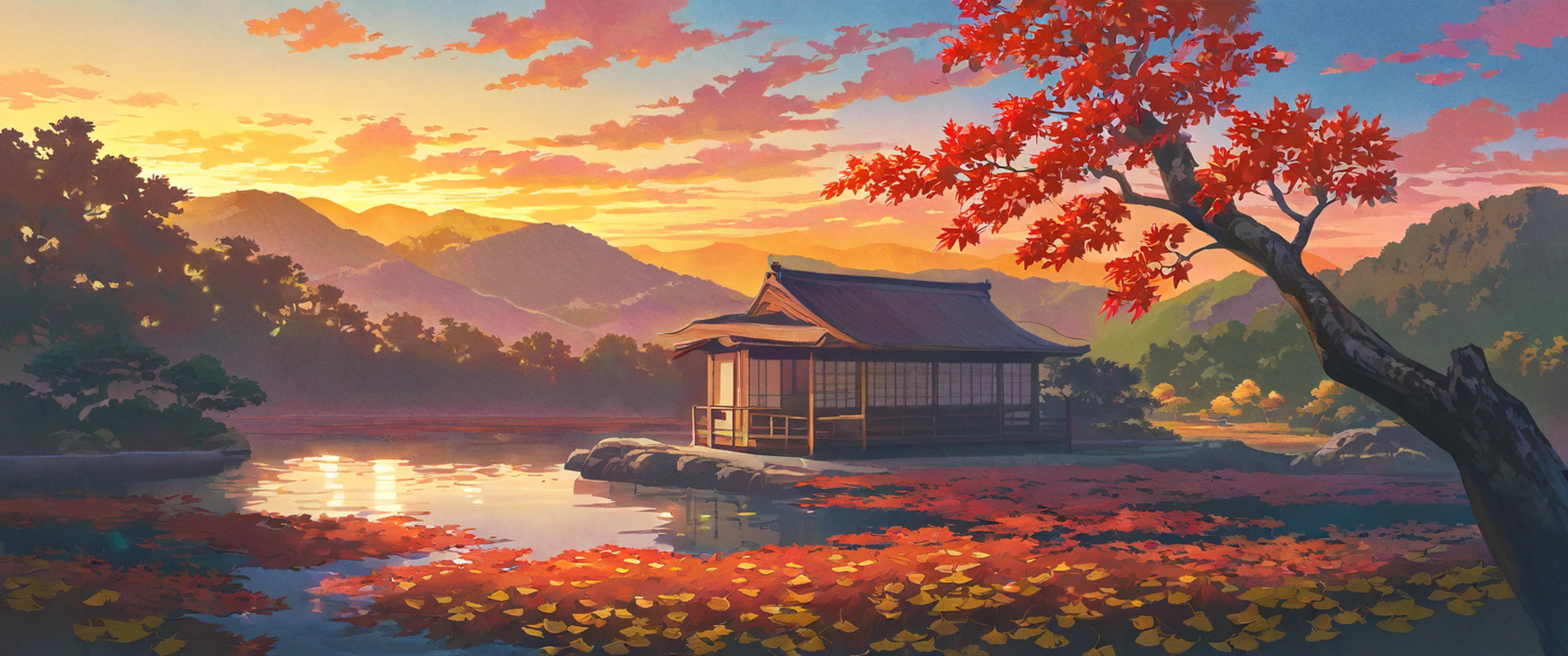 Autumn Maple Village lofi wallpaper
