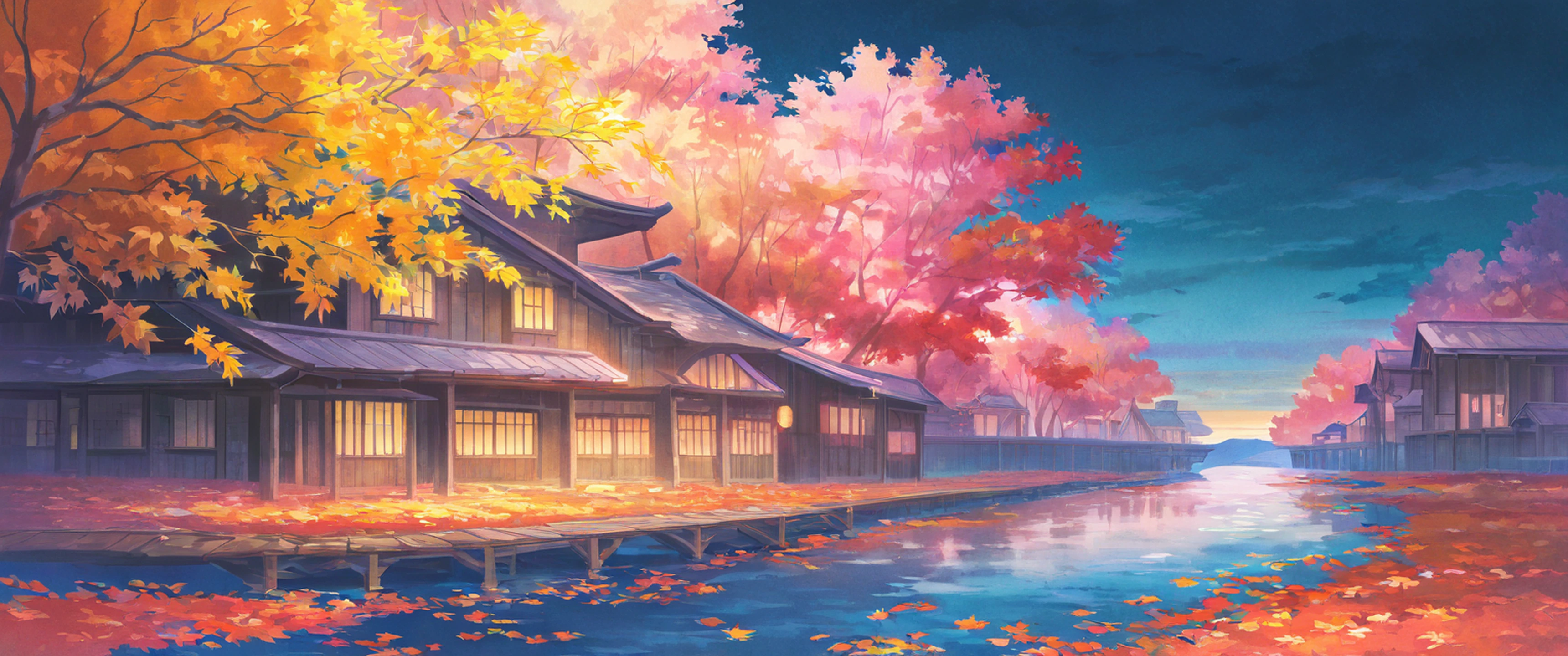 Autumn Maple Village lofi wallpaper