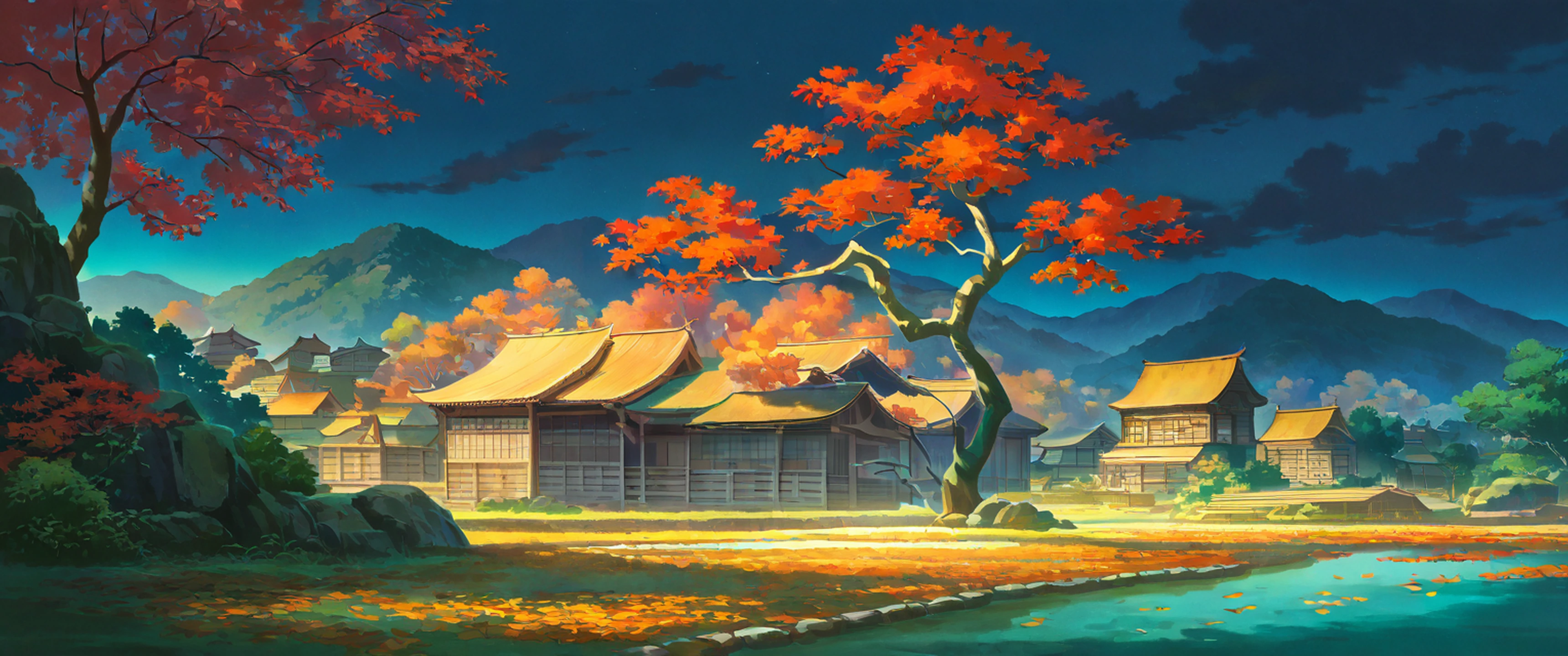 Autumn Maple Village lofi wallpaper