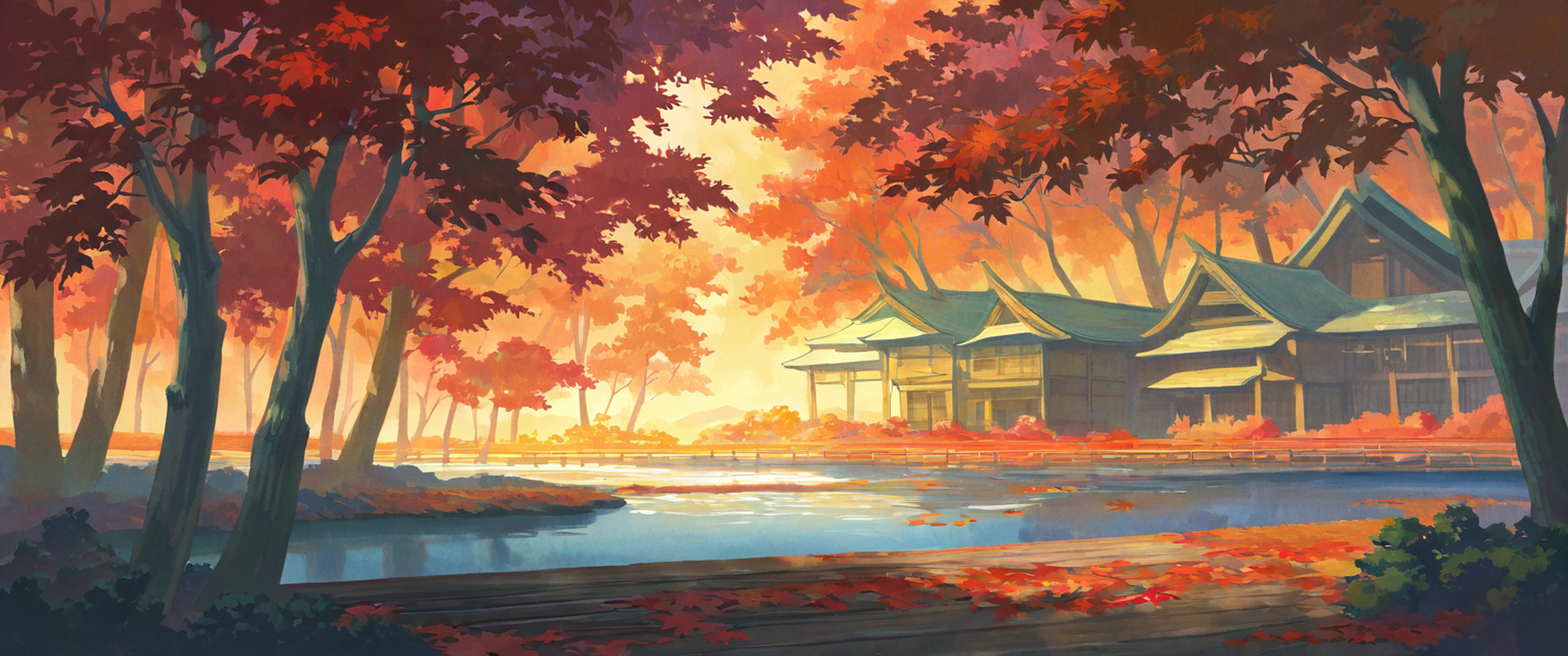 Autumn Maple Village lofi wallpaper