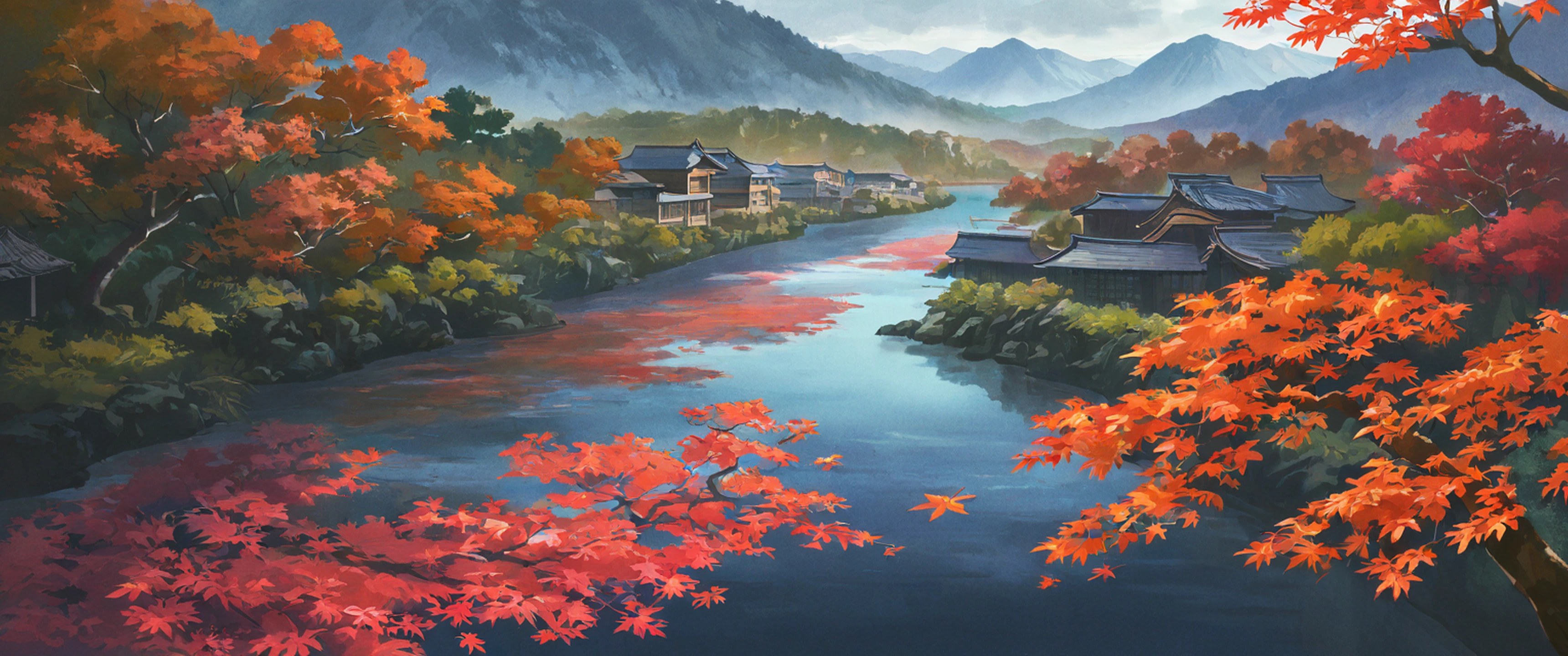 Autumn Maple Village lofi wallpaper