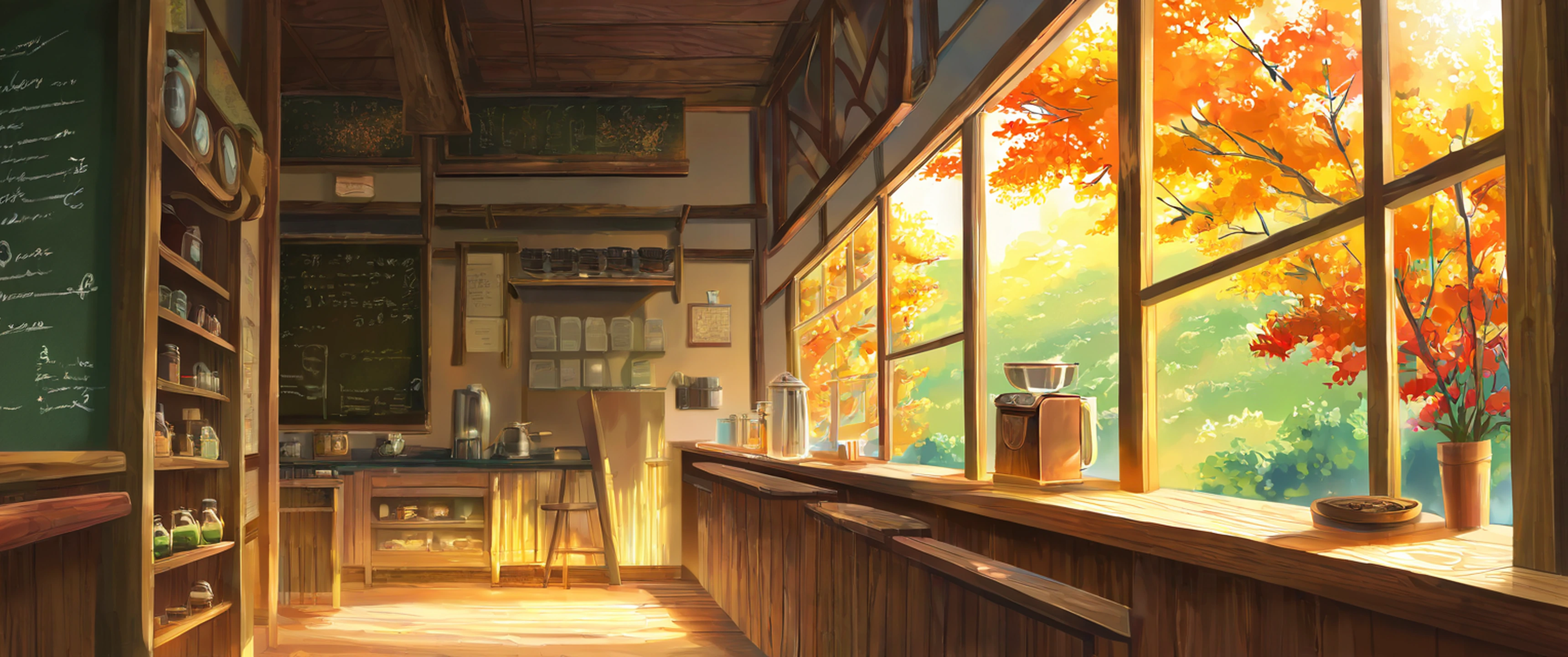 Coffee Shop Morning variant — Japanese aesthetic lofi wallpaper 21:9 32:9 Dual Monitor