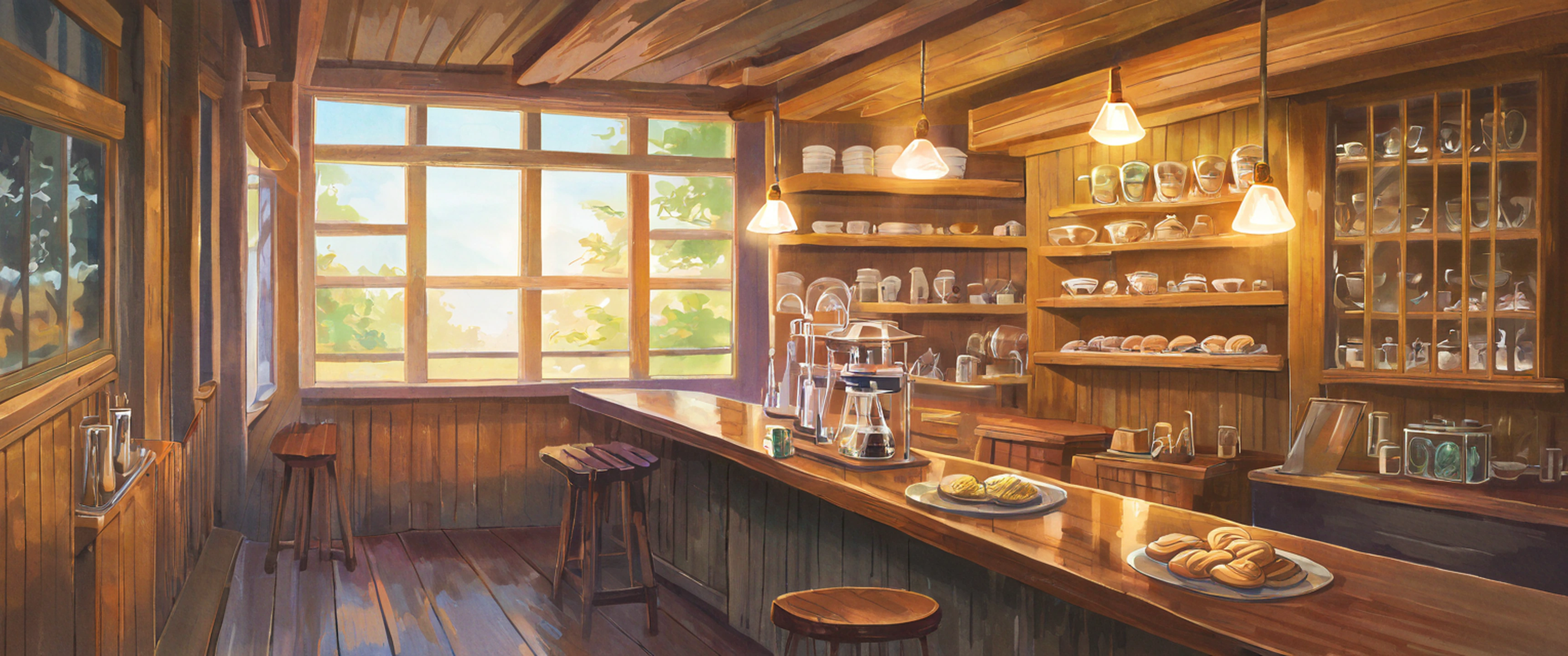 Coffee Shop Morning variant — Japanese aesthetic lofi wallpaper 21:9 32:9 Dual Monitor