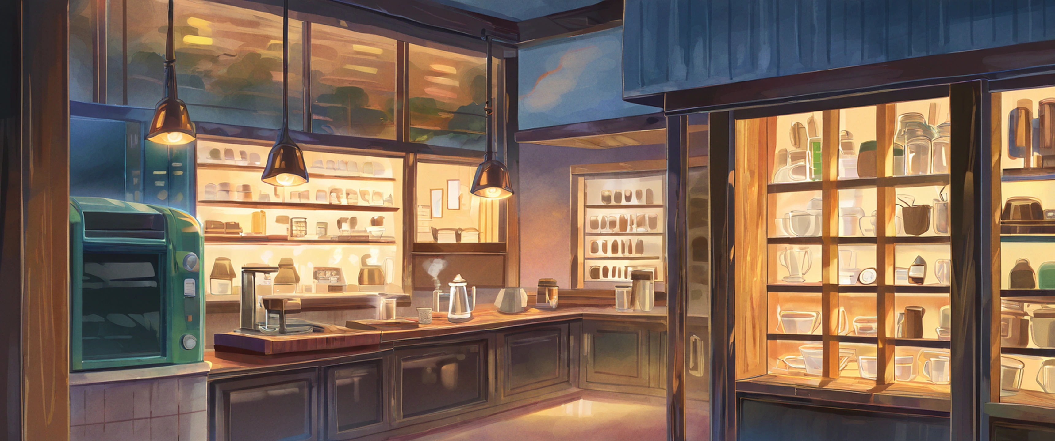 Coffee Shop Morning variant — Japanese aesthetic lofi wallpaper 21:9 32:9 Dual Monitor