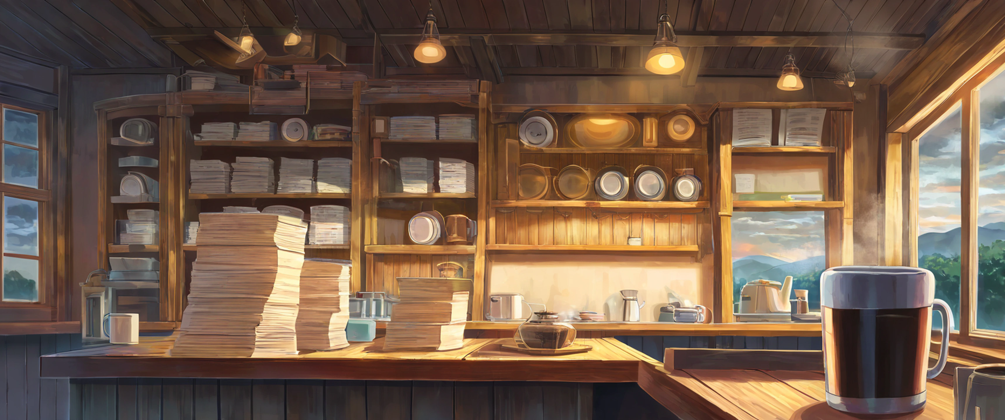 Coffee Shop Morning variant — Japanese aesthetic lofi wallpaper 21:9 32:9 Dual Monitor