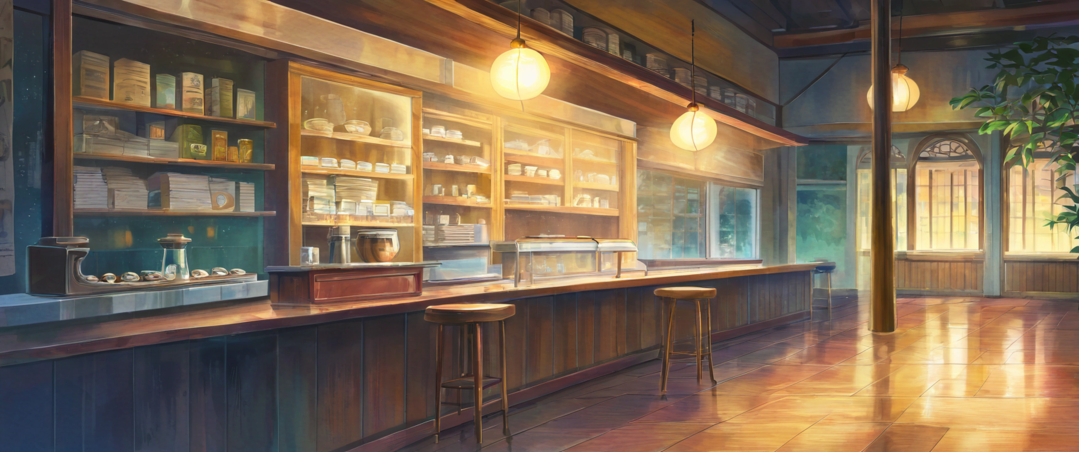 Coffee Shop Morning variant — Japanese aesthetic lofi wallpaper 21:9 32:9 Dual Monitor