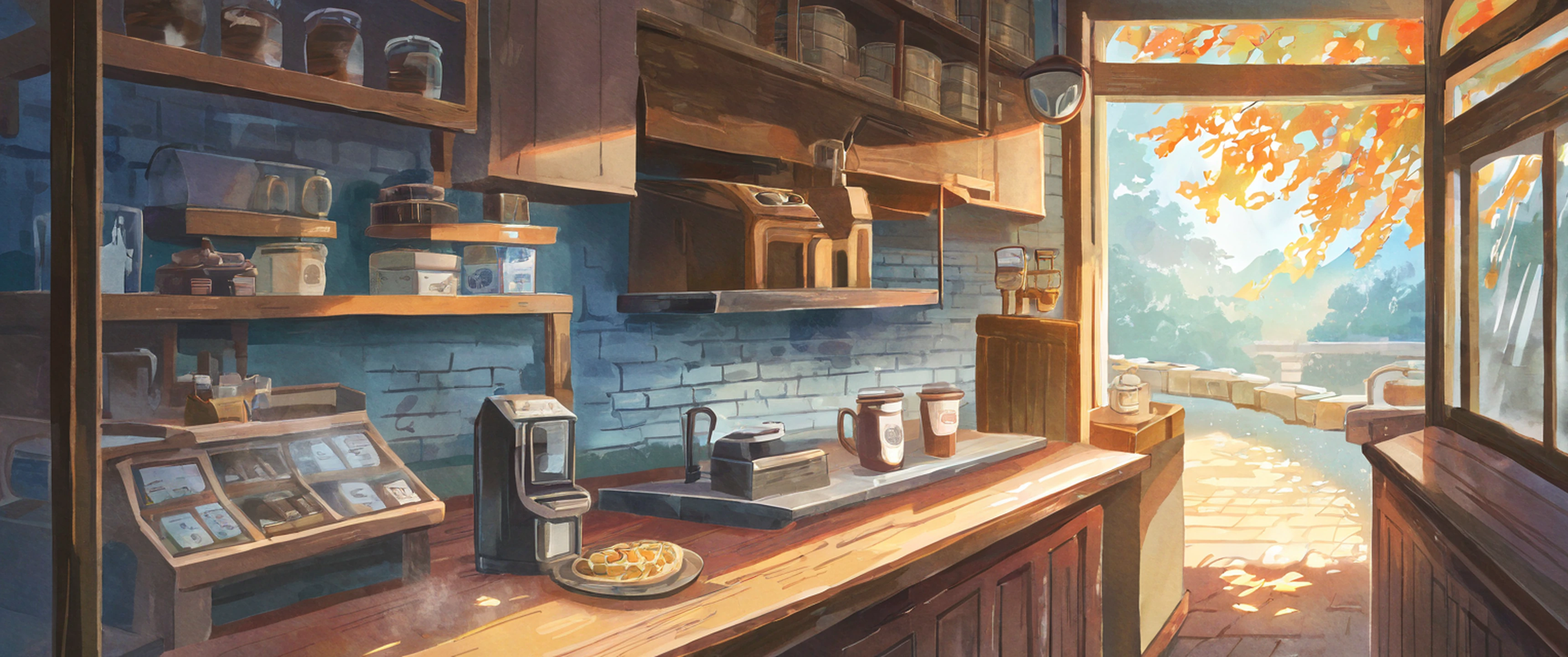 Coffee Shop Morning variant — Japanese aesthetic lofi wallpaper 21:9 32:9 Dual Monitor
