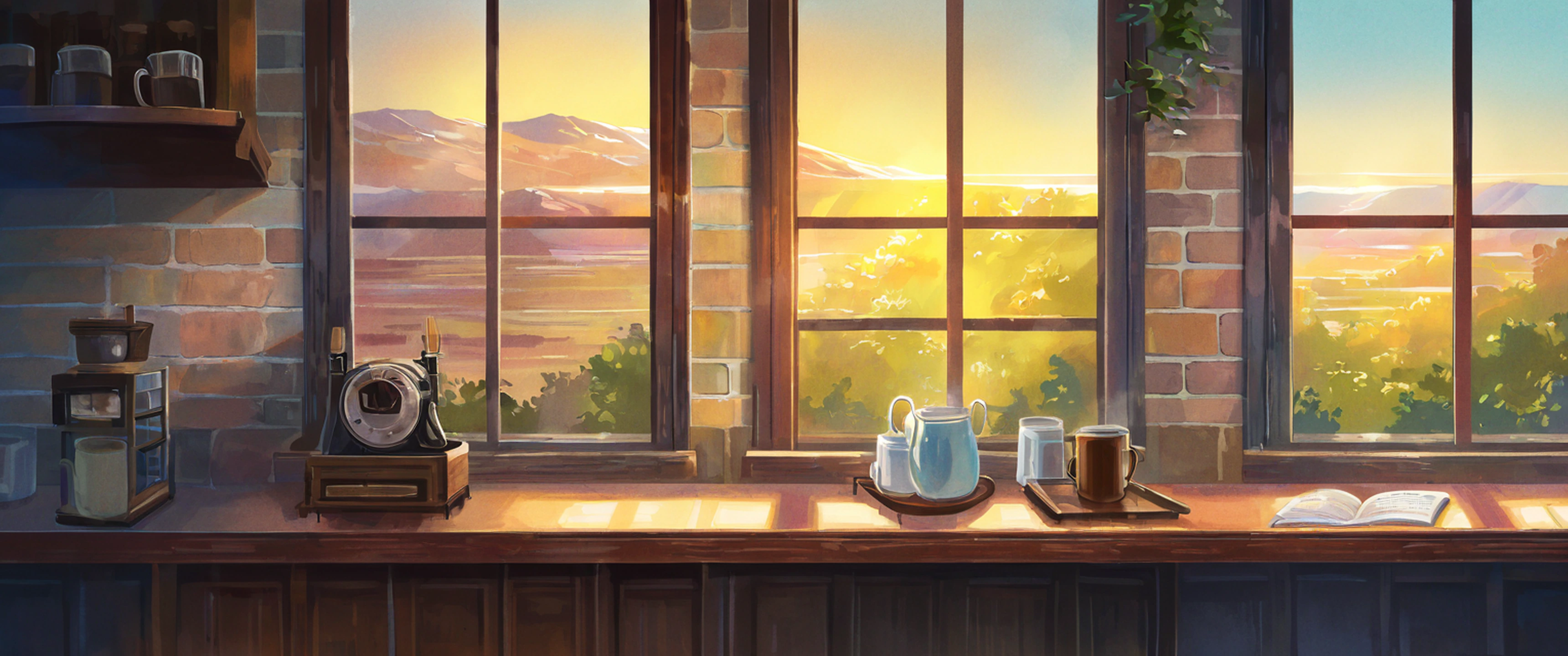 Coffee Shop Morning variant — Japanese aesthetic lofi wallpaper 21:9 32:9 Dual Monitor