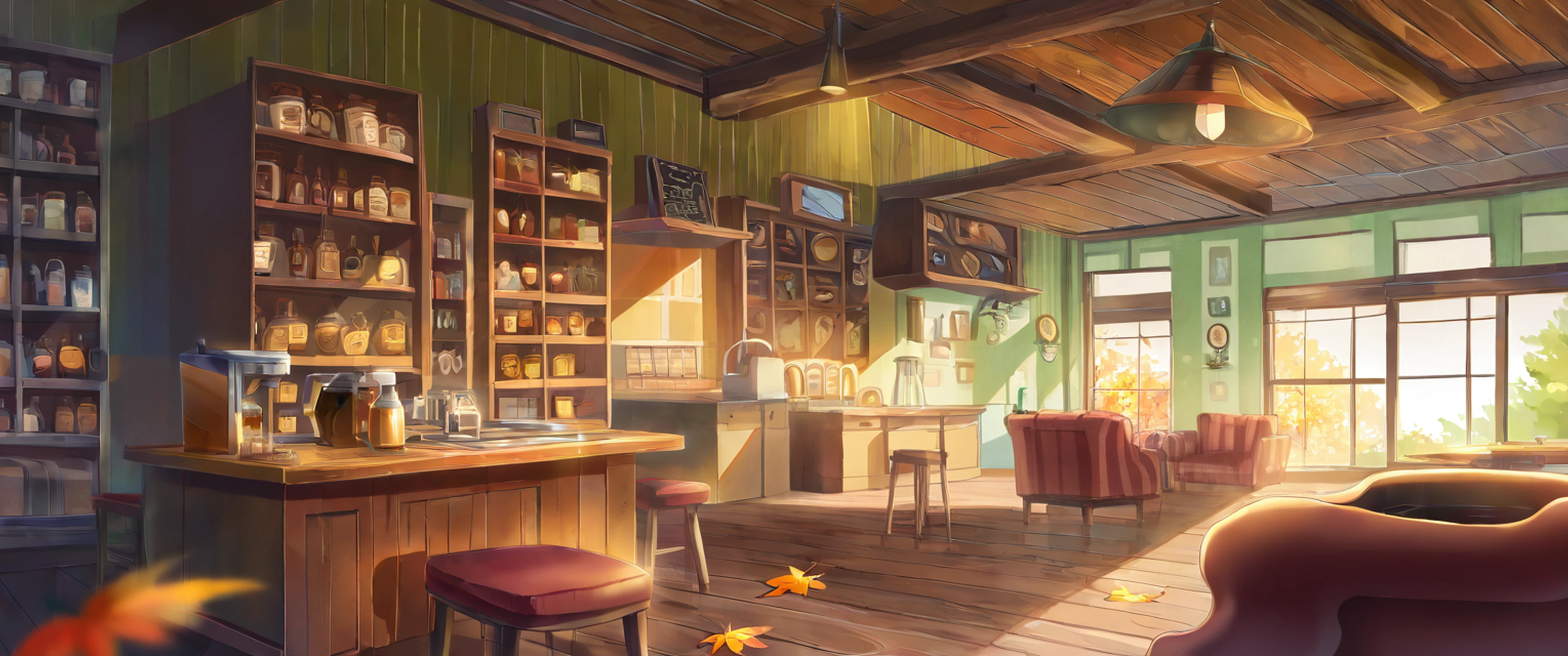 Coffee Shop Morning variant — Japanese aesthetic lofi wallpaper 21:9 32:9 Dual Monitor
