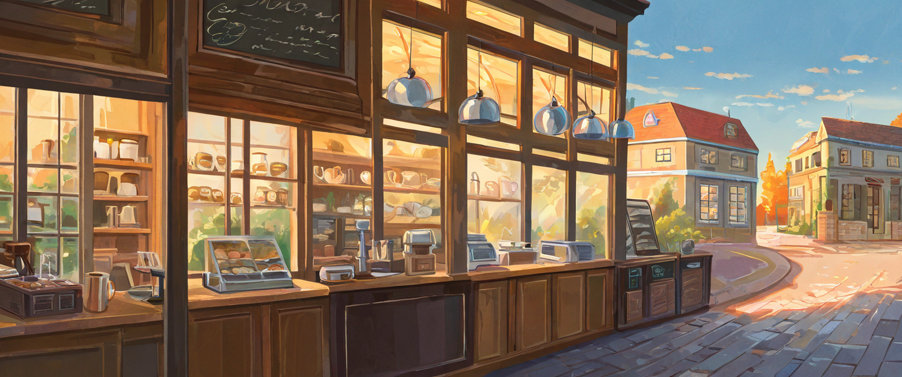 Coffee Shop Morning variant — Japanese aesthetic lofi wallpaper 21:9 32:9 Dual Monitor