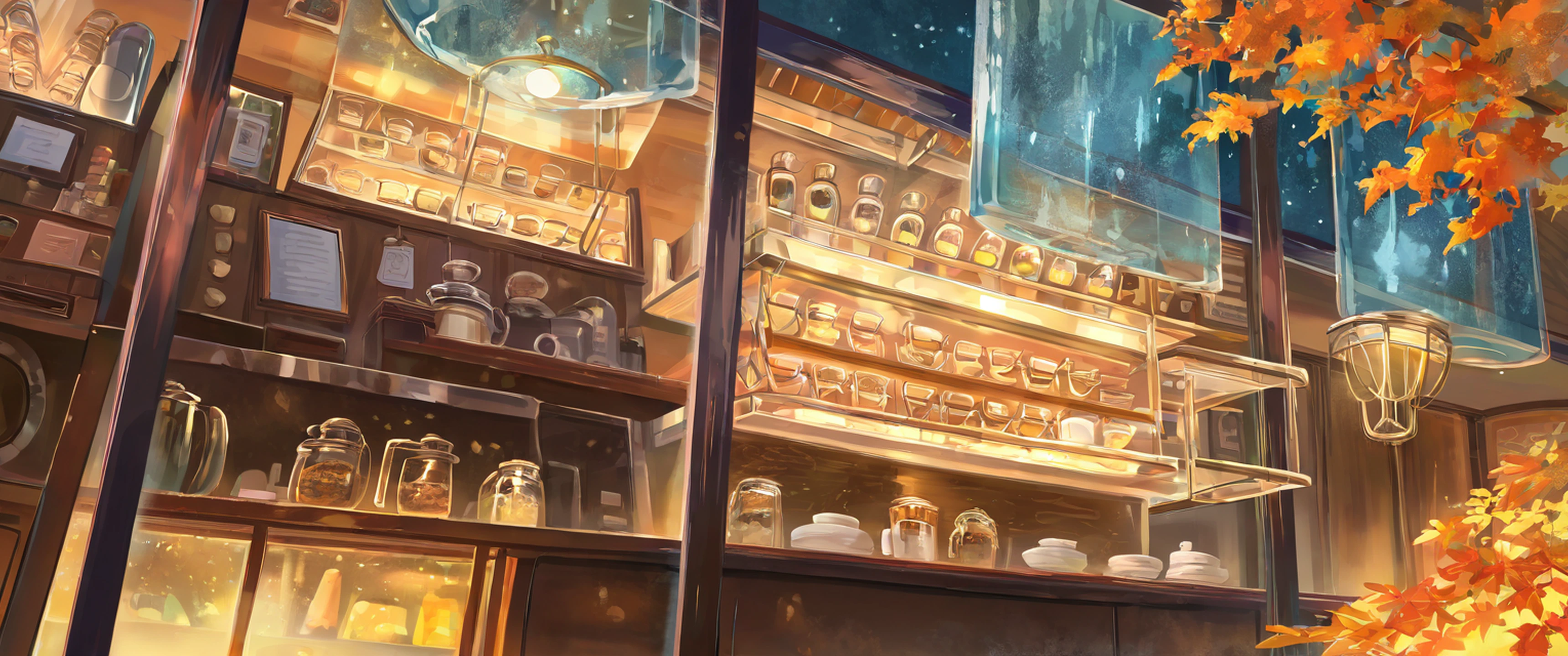 Coffee Shop Morning variant — Japanese aesthetic lofi wallpaper 21:9 32:9 Dual Monitor