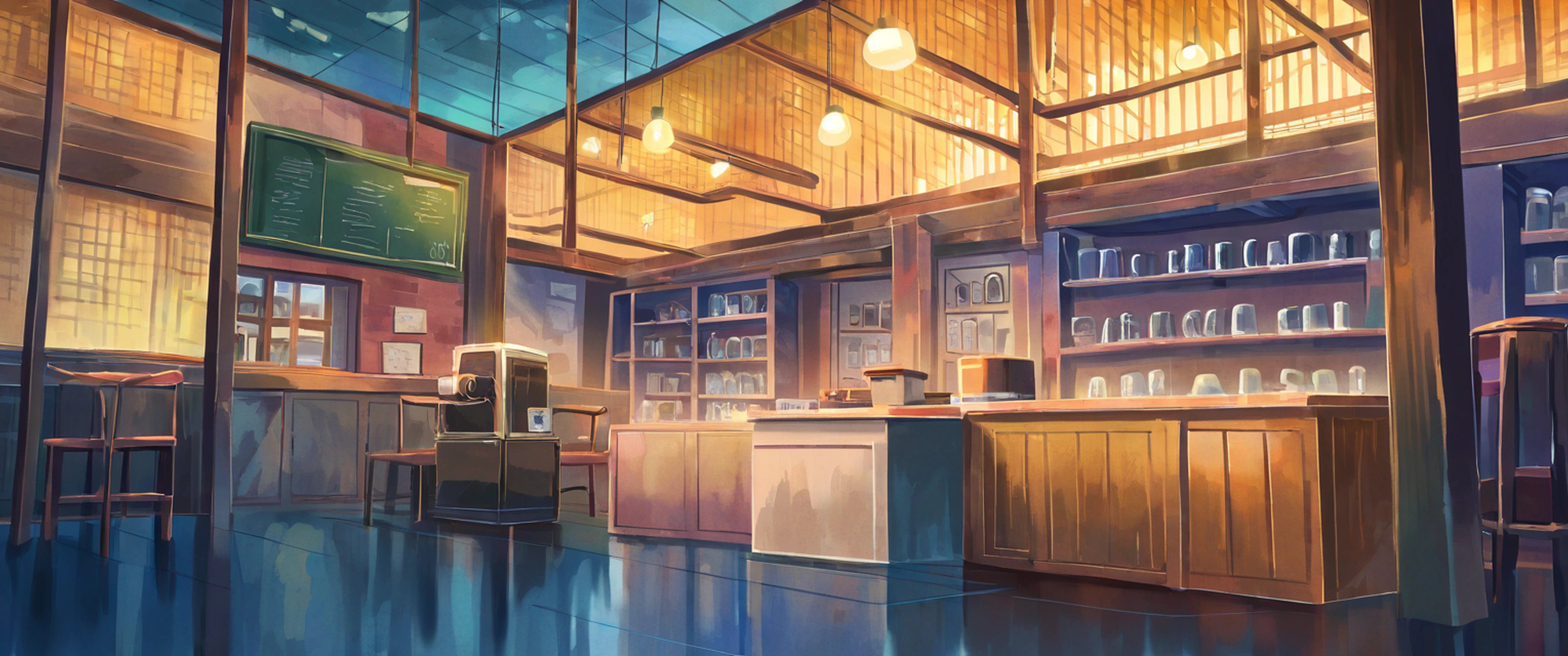 Coffee Shop Morning variant — Japanese aesthetic lofi wallpaper 21:9 32:9 Dual Monitor
