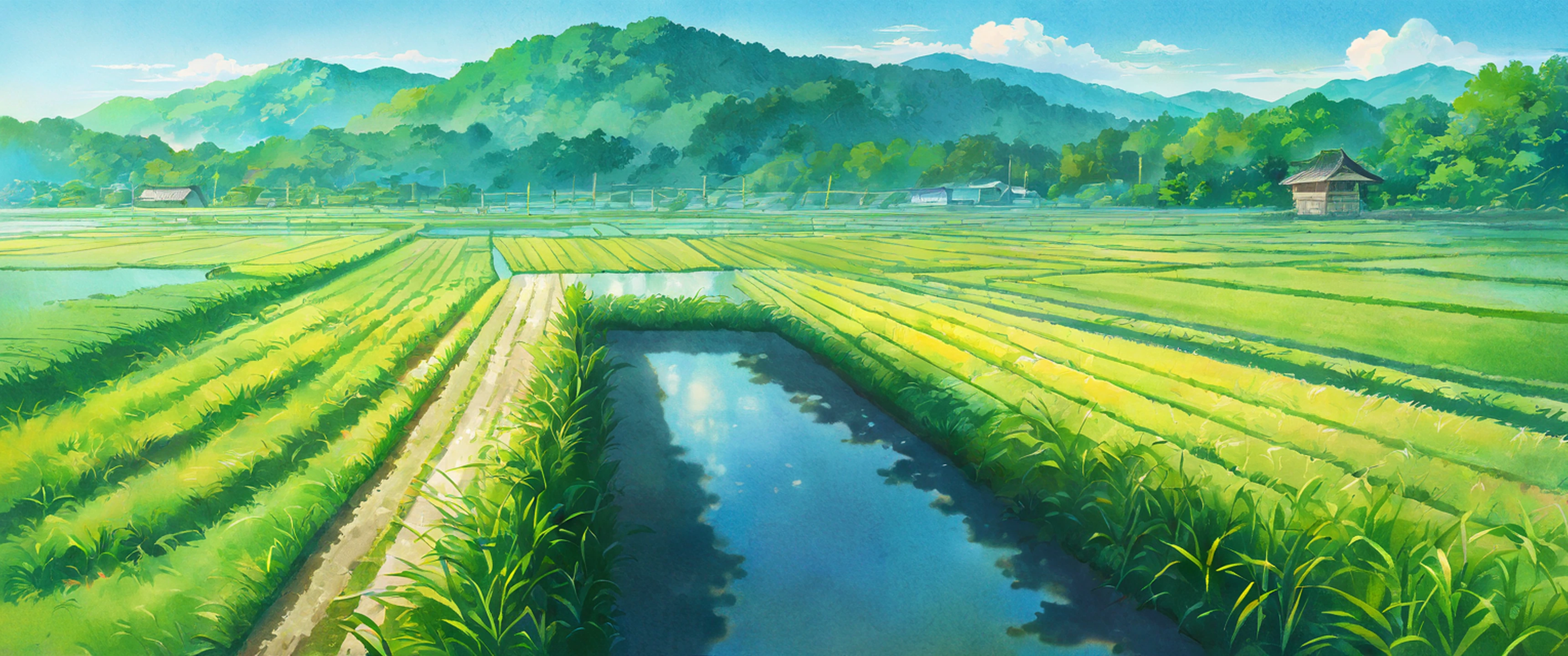 rice fields summer lofi wallpaper