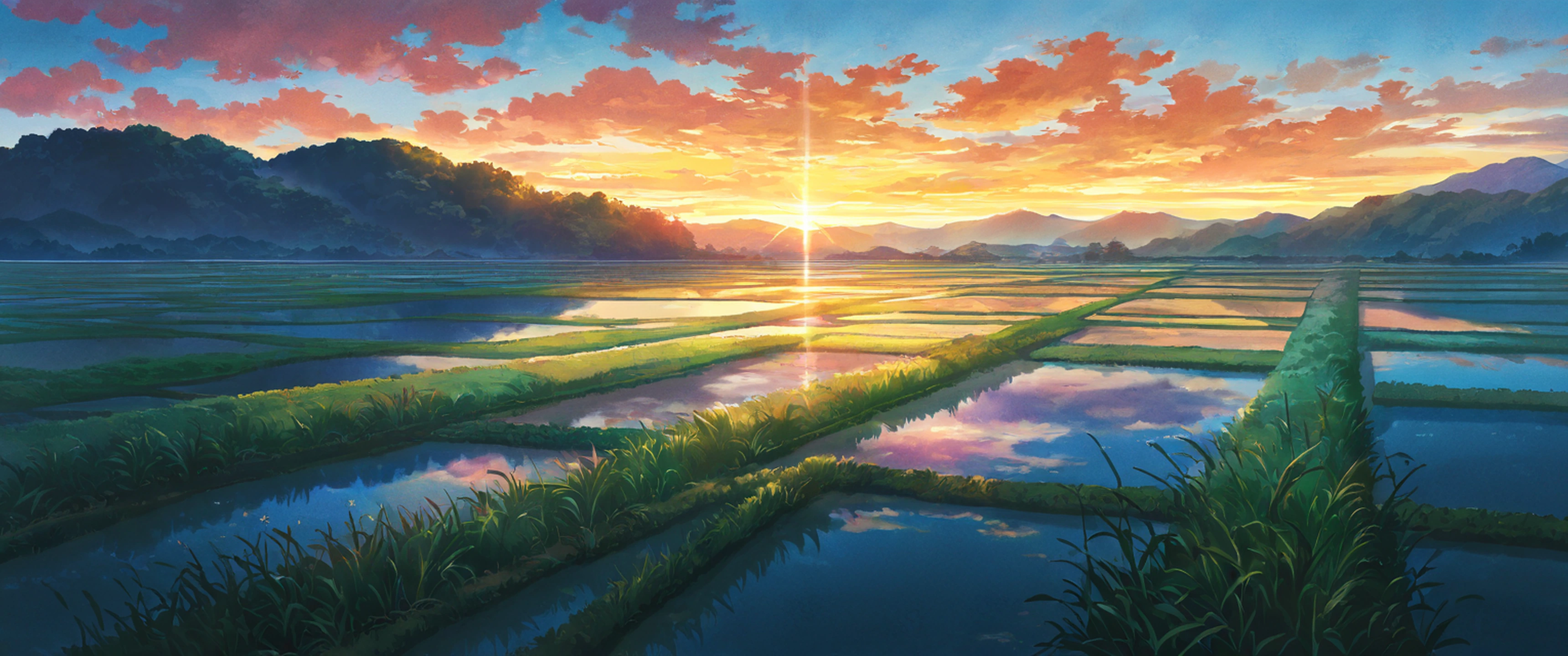 rice fields summer lofi wallpaper