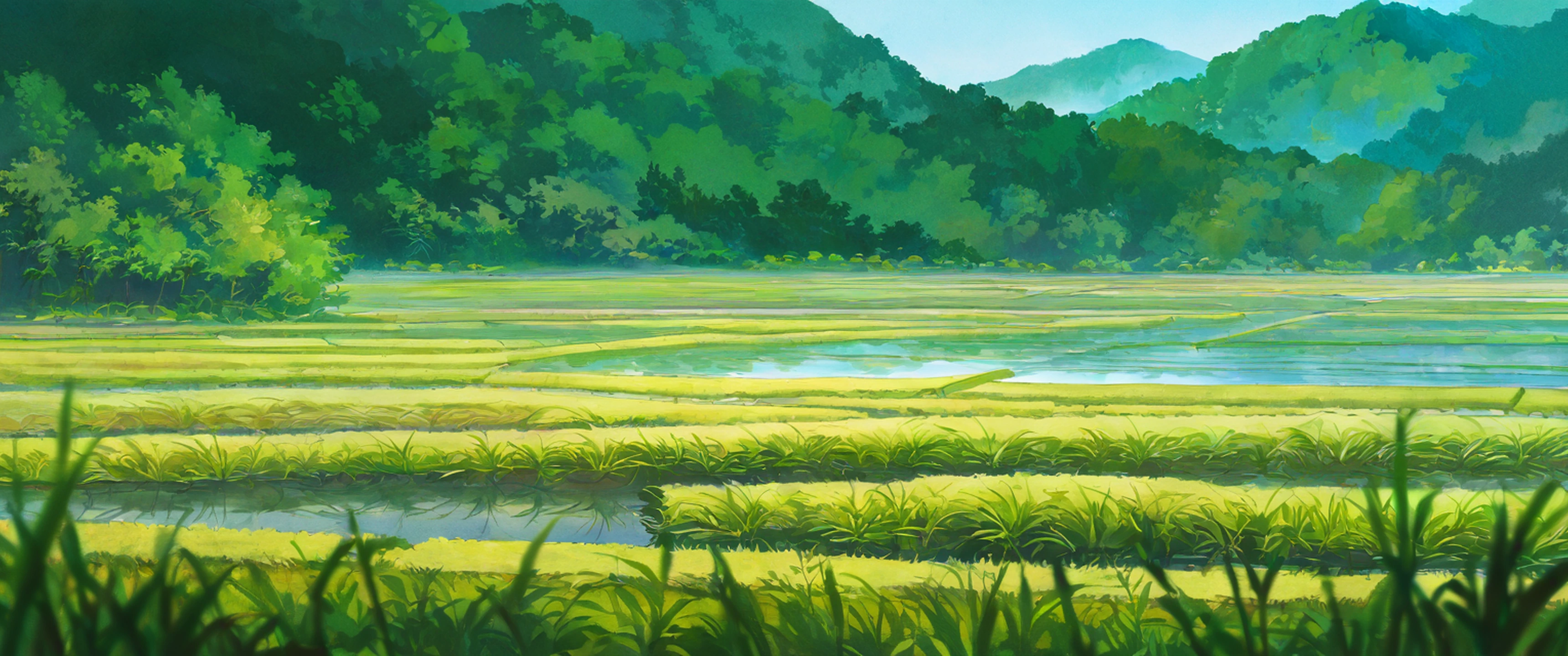 rice fields summer lofi wallpaper