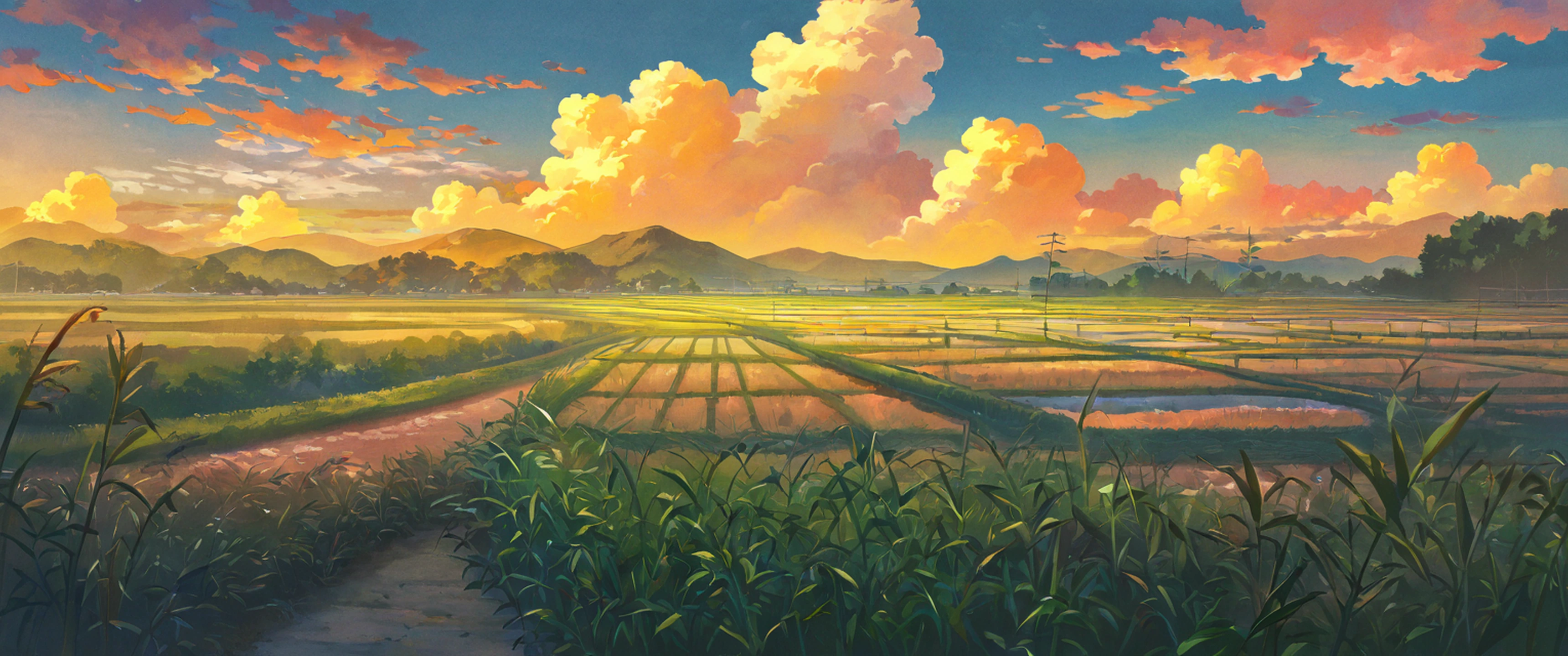 rice fields summer lofi wallpaper
