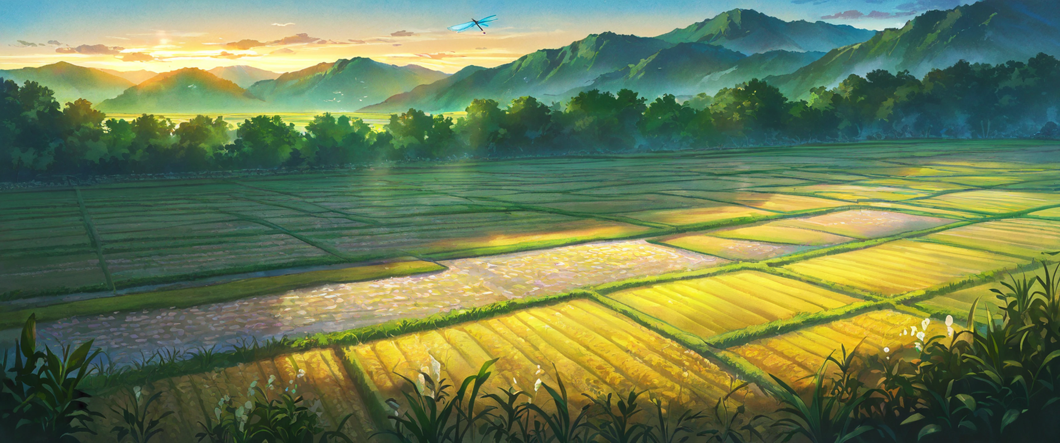 rice fields summer lofi wallpaper