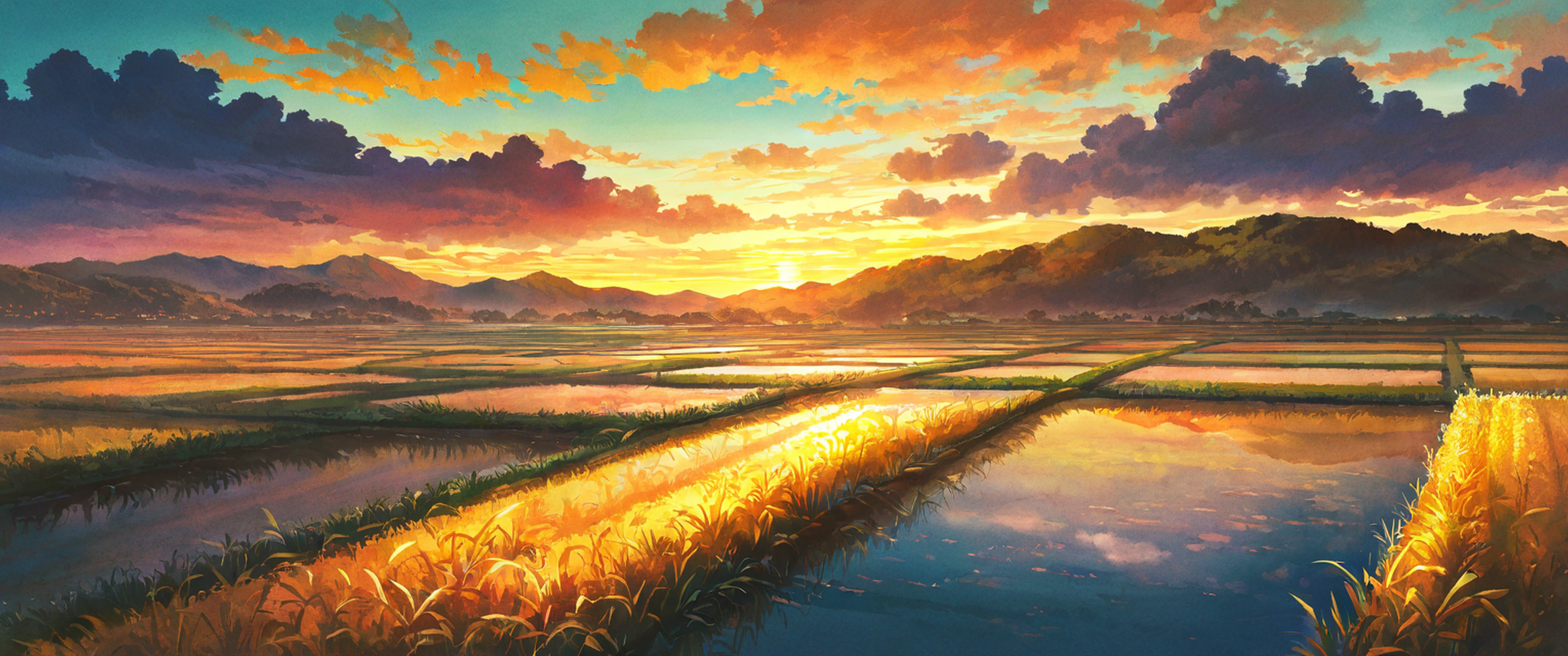 rice fields summer lofi wallpaper