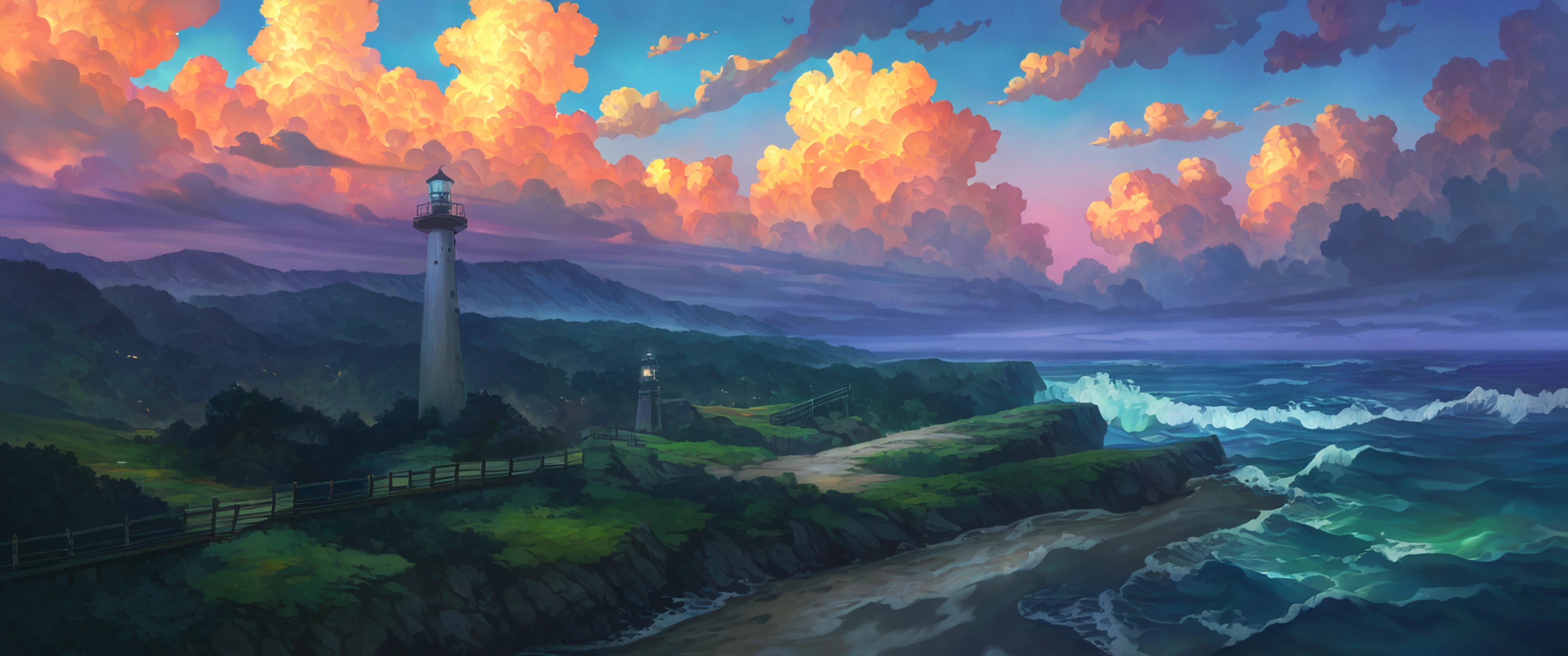 seaside lighthouse lofi wallpaper