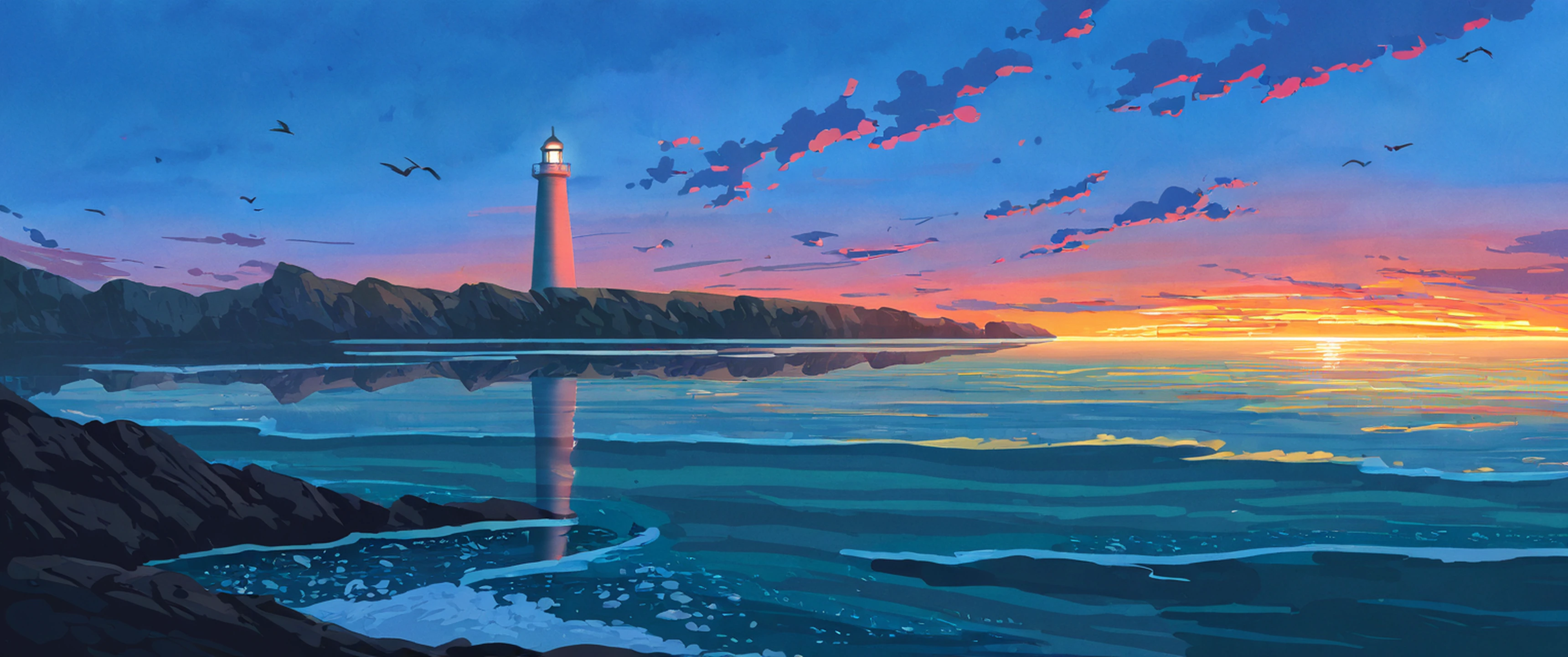 seaside lighthouse lofi wallpaper